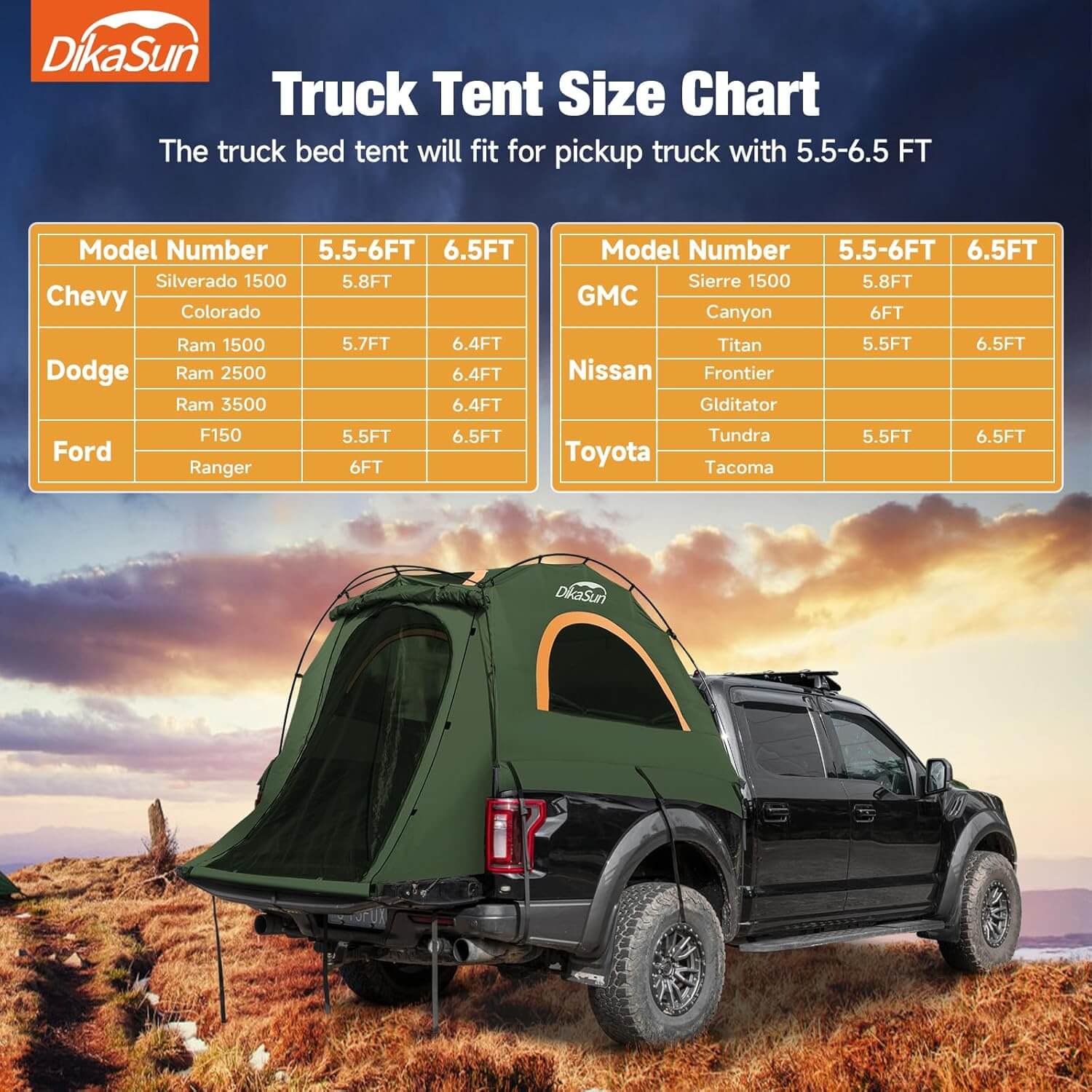 Dikasun Easy Setup Pickup Truck Bed Tent – Green | Fits 5.5–6.7 ft Beds