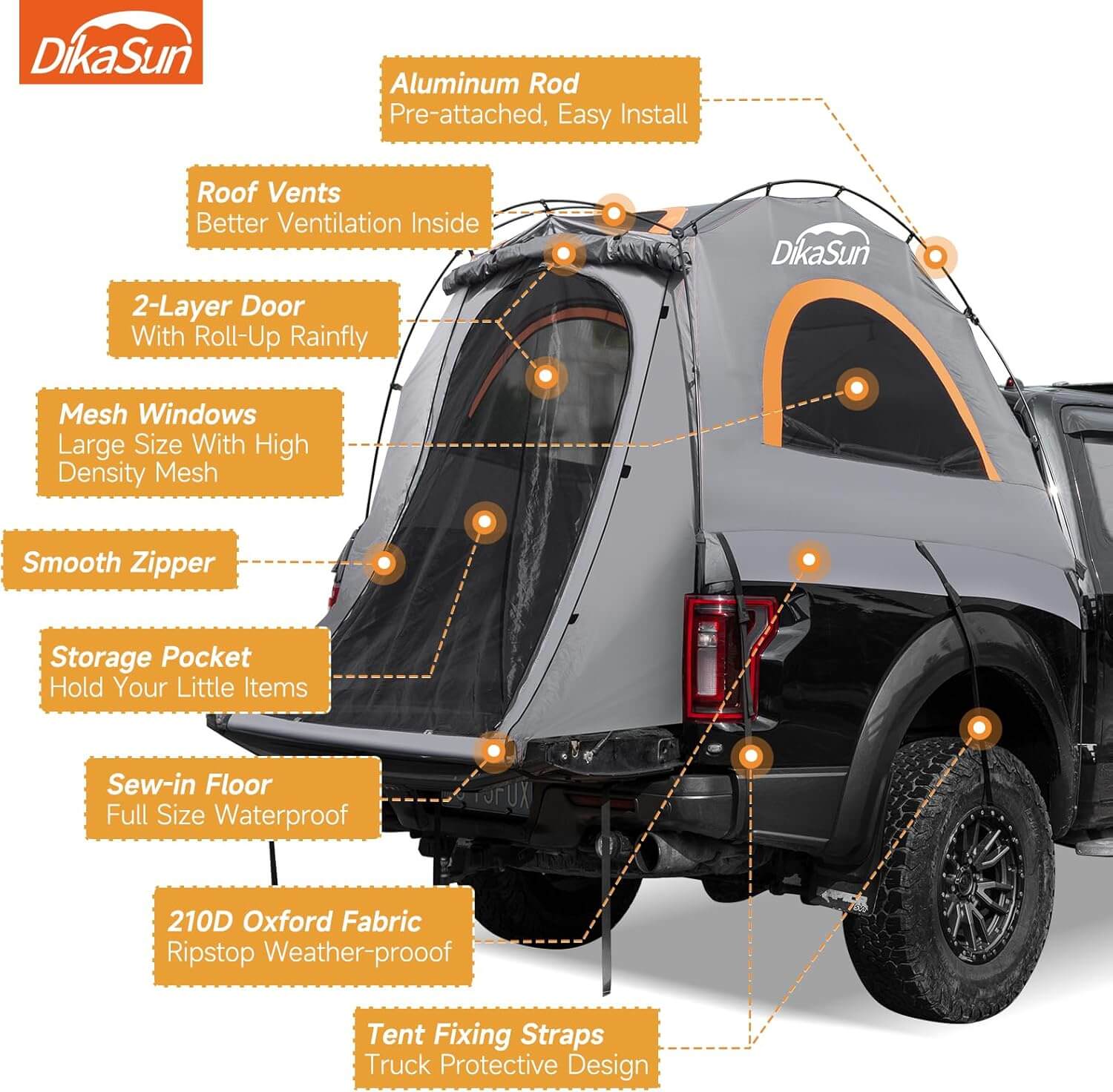 Dikasun Easy Setup Pickup Truck Bed Tent – Gray | Fits 5.5–6.7 ft Beds