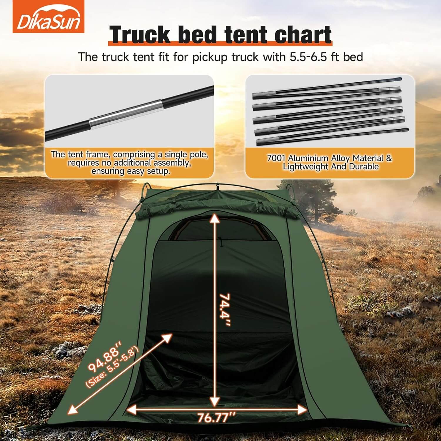 Dikasun Easy Setup Pickup Truck Bed Tent – Green | Fits 5.5–6.7 ft Beds