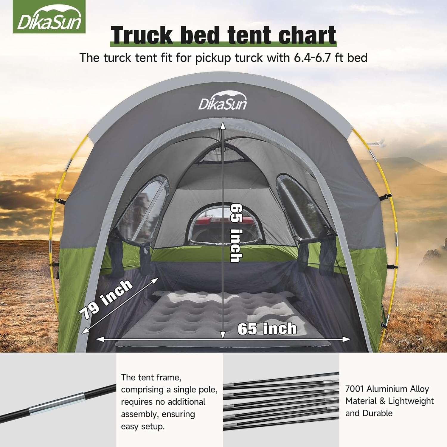 Dikasun Pickup Truck Bed Tent with Awning – Green | Fits 5.5–6.7 ft Beds