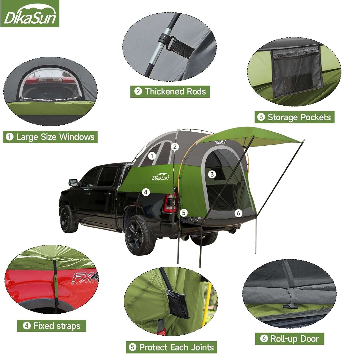 Dikasun Pickup Truck Bed Tent with Awning – Green | Fits 5.5–6.7 ft Beds