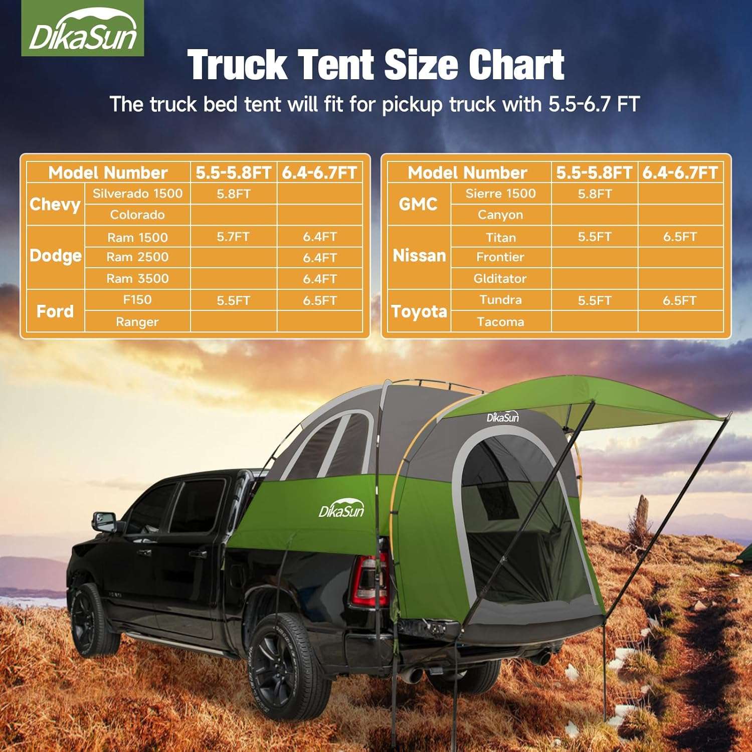 Dikasun Pickup Truck Bed Tent with Awning – Green | Fits 5.5–6.7 ft Beds