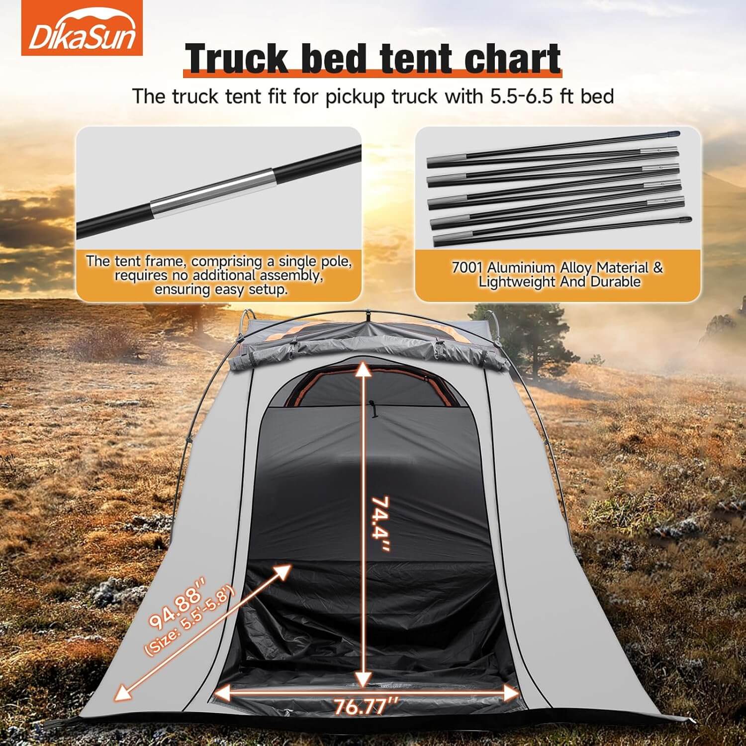 Dikasun Easy Setup Pickup Truck Bed Tent – Gray | Fits 5.5–6.7 ft Beds