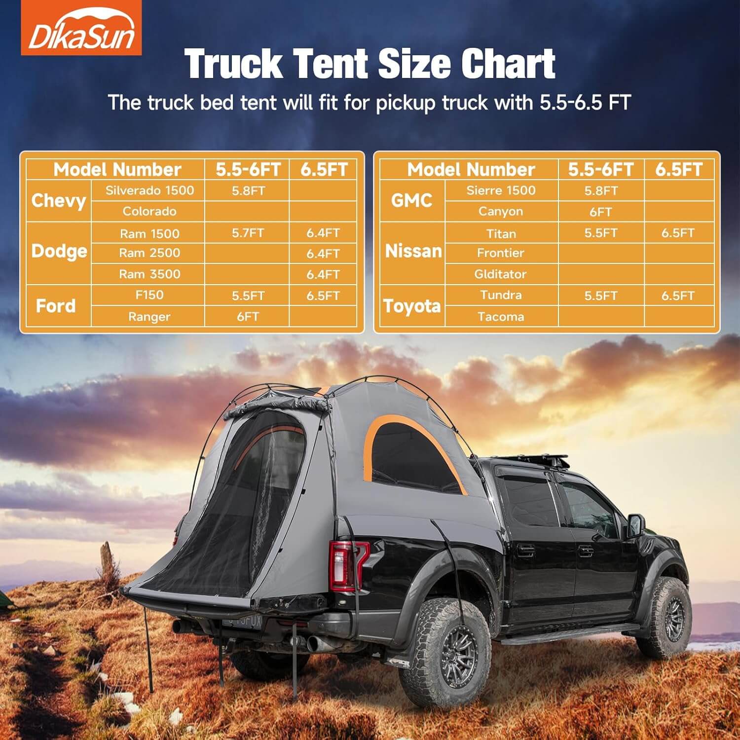 Dikasun Easy Setup Pickup Truck Bed Tent – Gray | Fits 5.5–6.7 ft Beds