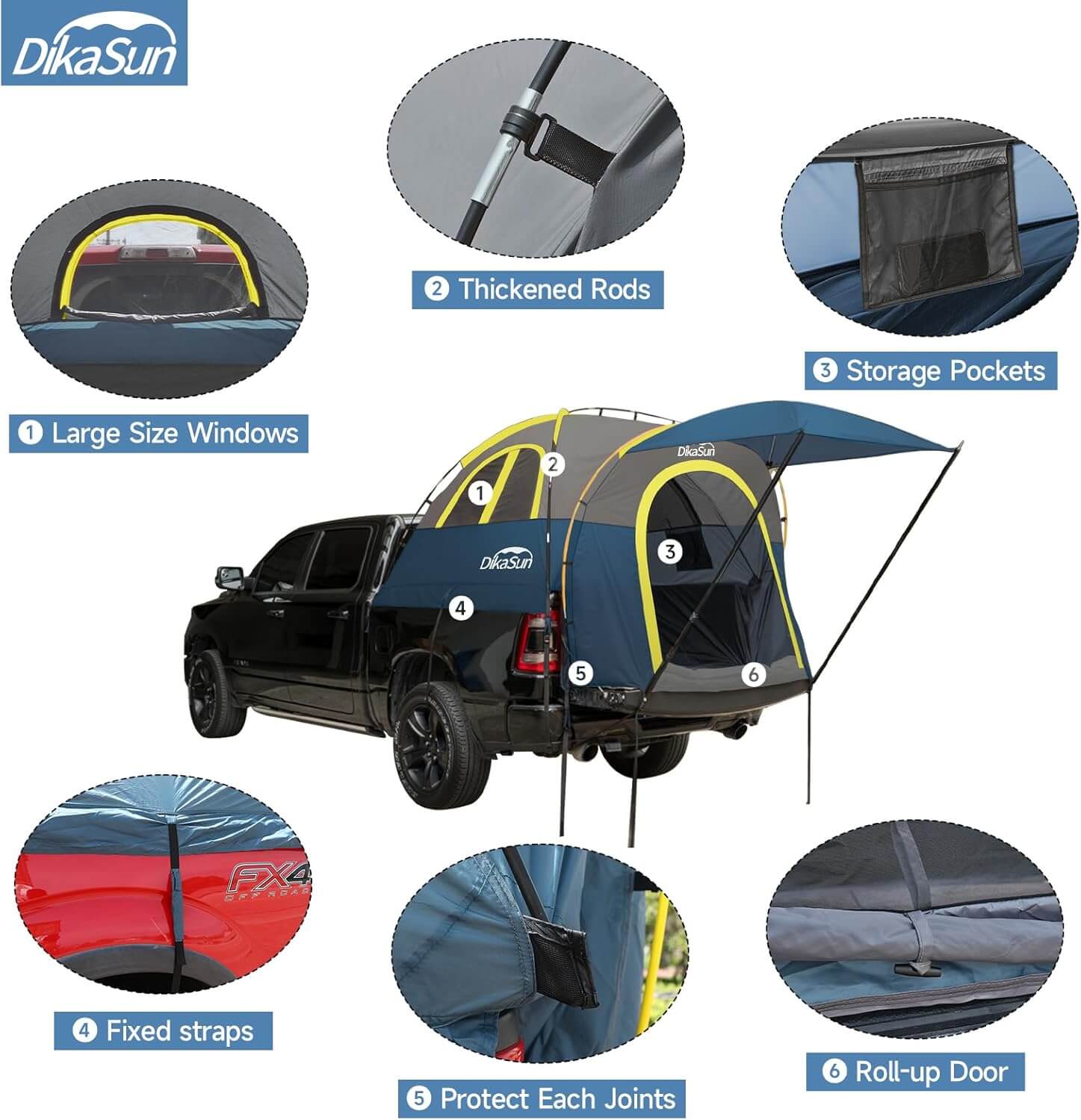 Dikasun Pickup Truck Bed Tent with Awning – Navy | Fits 5.5–6.7 ft Beds