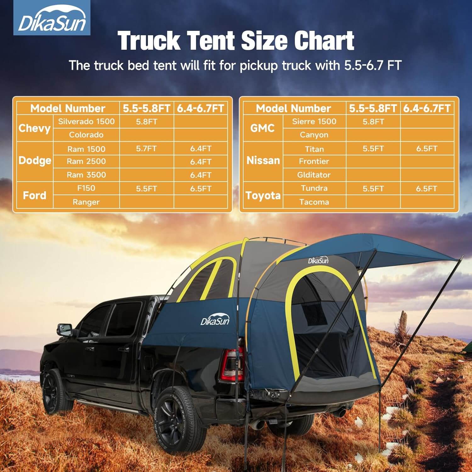 Dikasun Pickup Truck Bed Tent with Awning – Navy | Fits 5.5–6.7 ft Beds