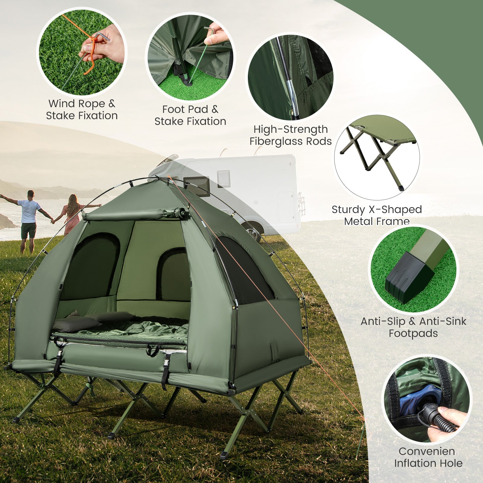 Foldable Tent Cot with Air Mattress & Sleeping Bag