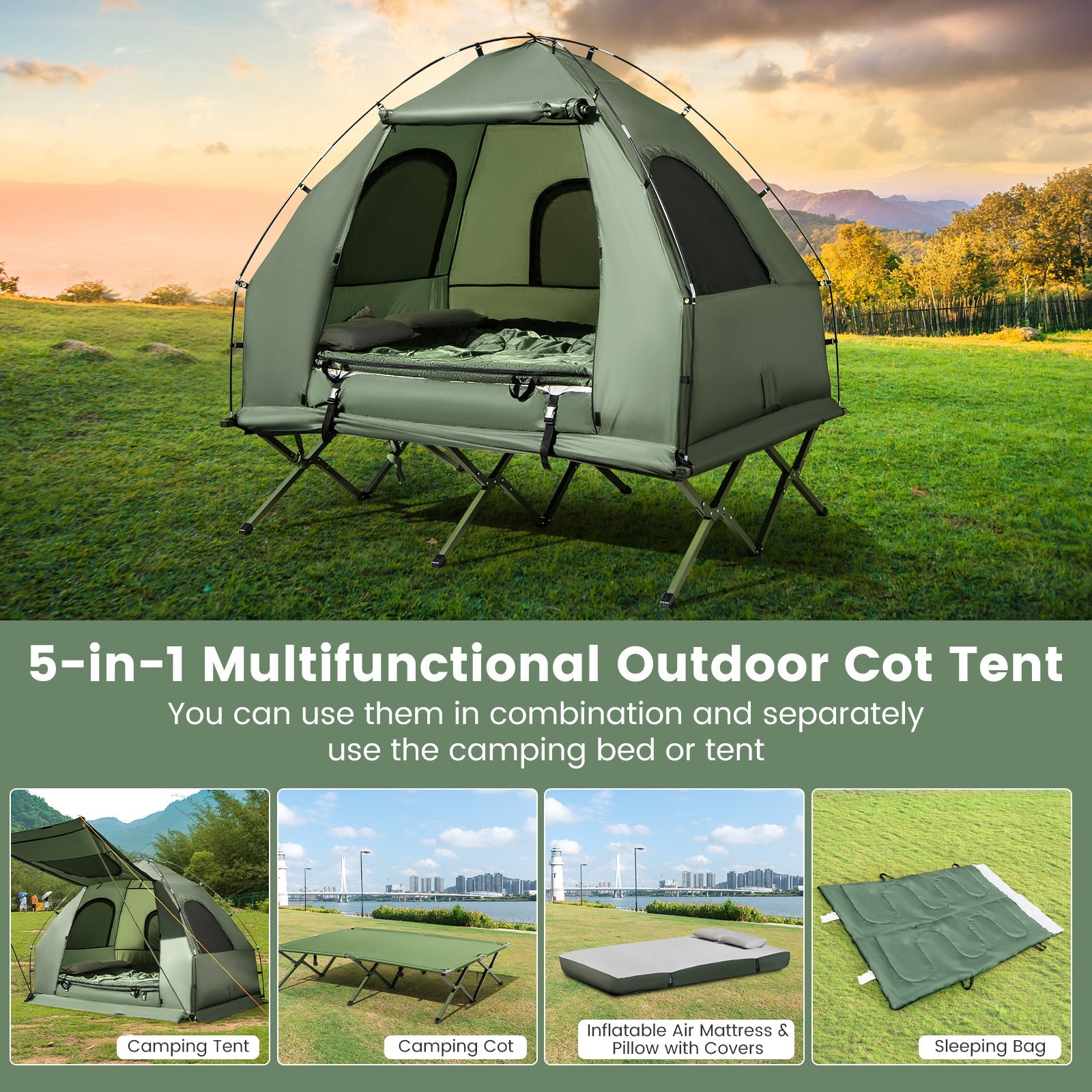 Foldable Tent Cot with Air Mattress & Sleeping Bag
