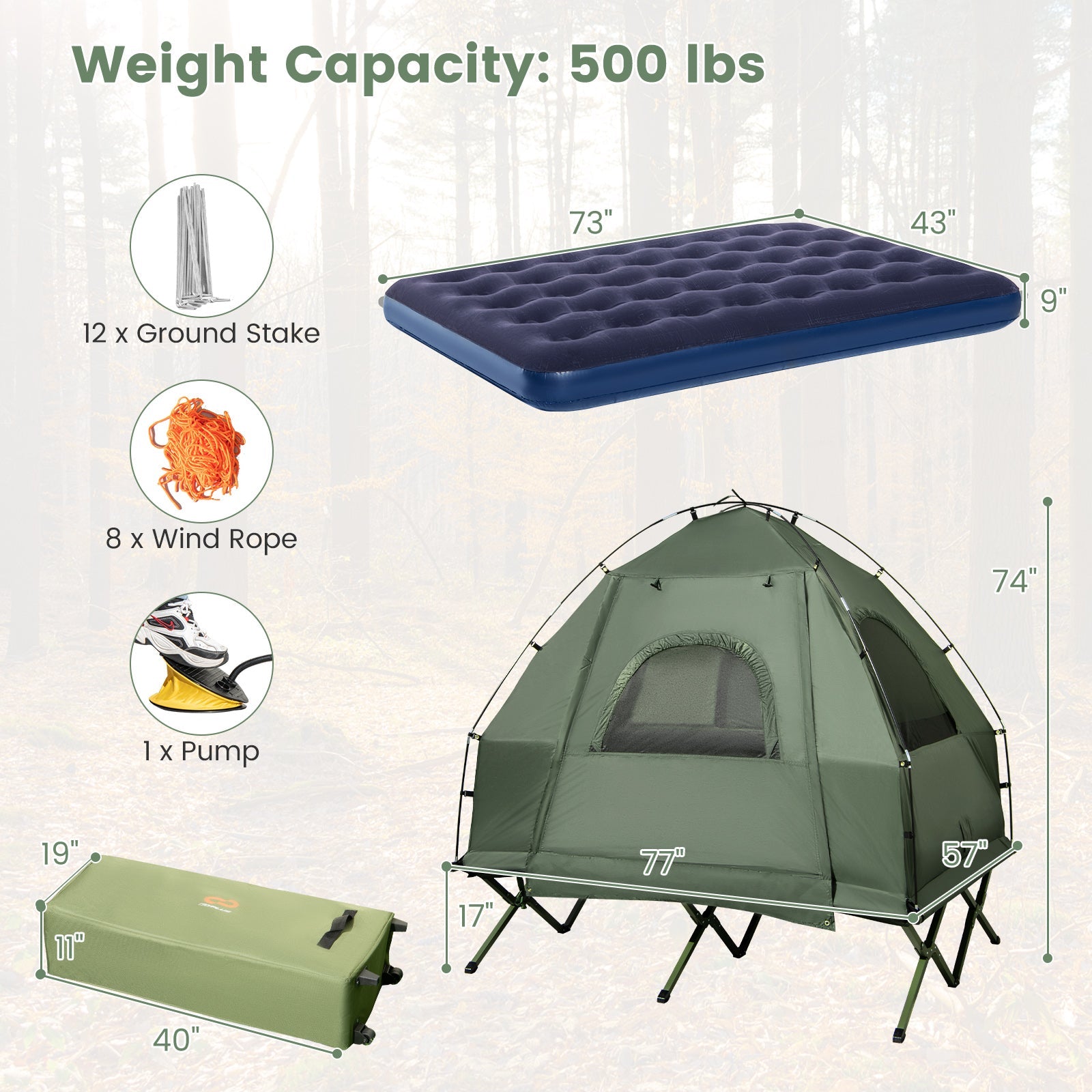 Foldable Tent Cot with Air Mattress & Sleeping Bag