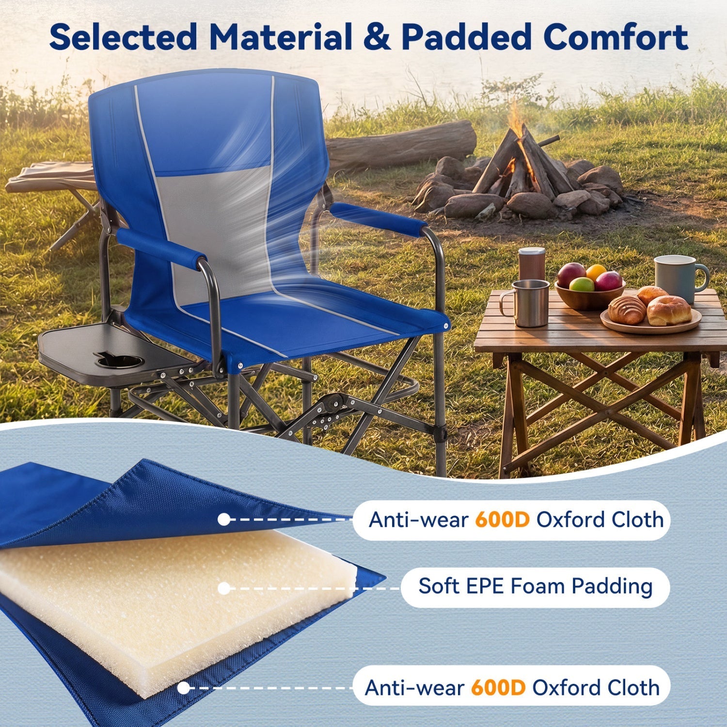 Folding Camping Chair with Side Table & Cup Holder – 500 lb Capacity