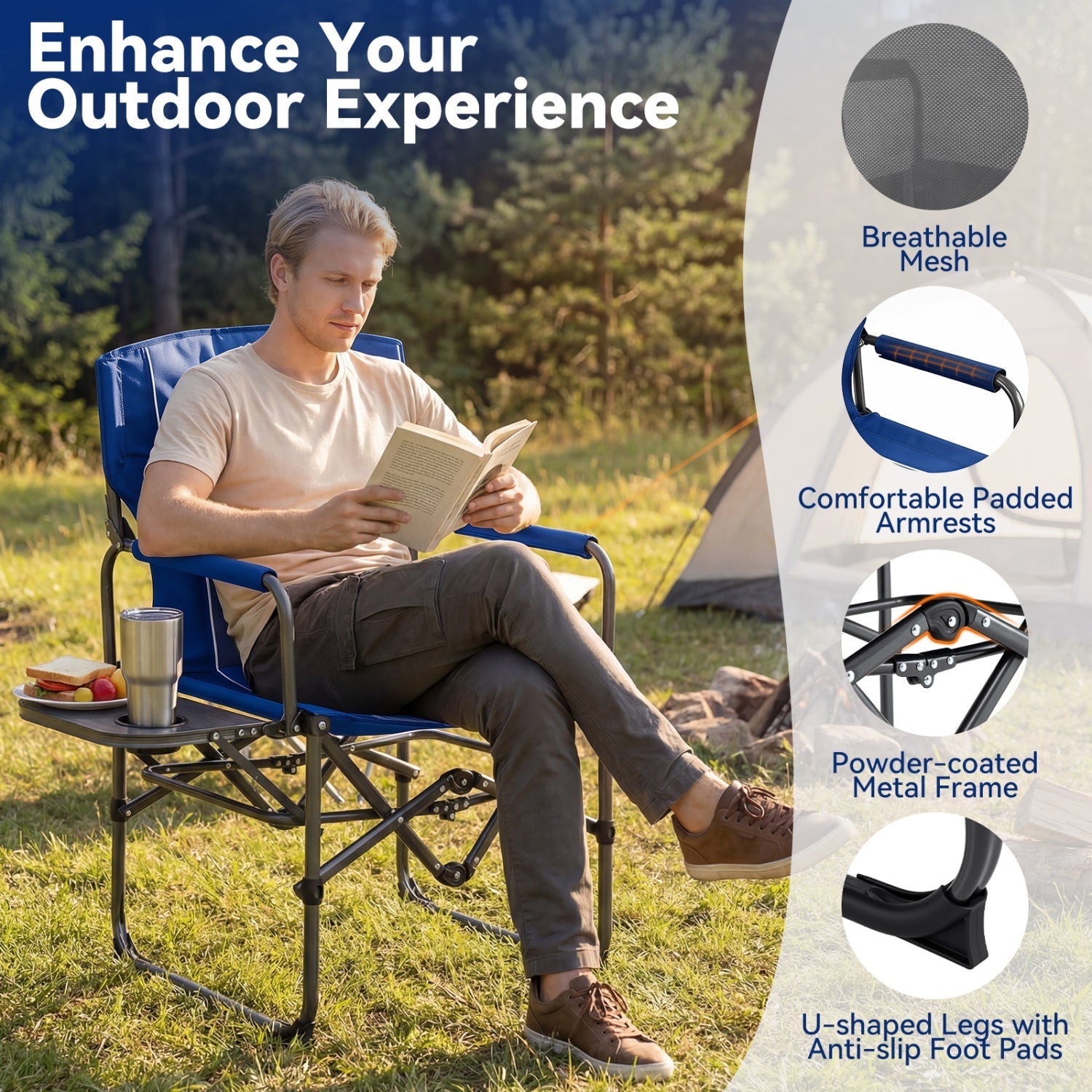 Folding Camping Chair with Side Table & Cup Holder – 500 lb Capacity