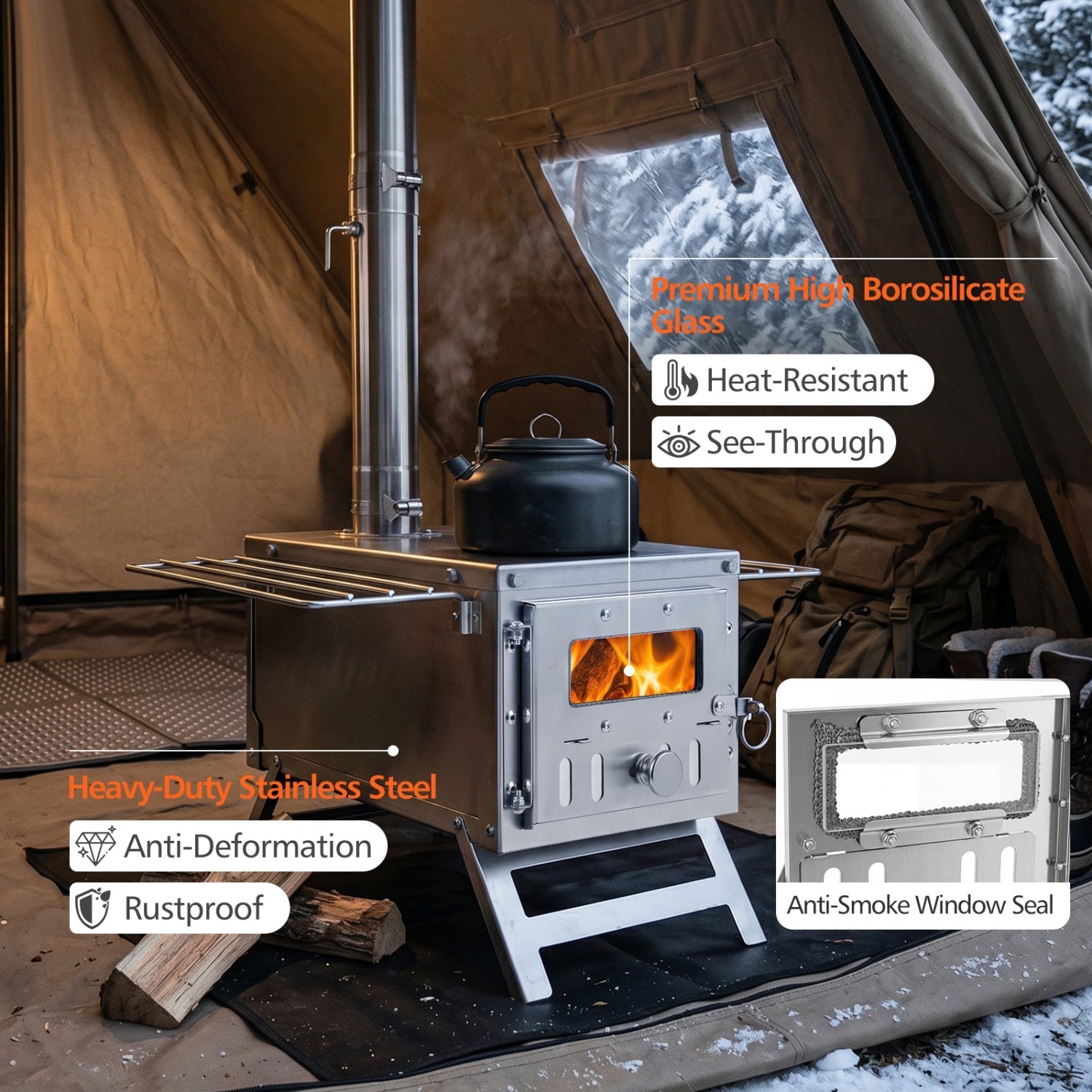 Portable Wood Burning Tent Stove with 7 Chimney Pipes – 11 lbs