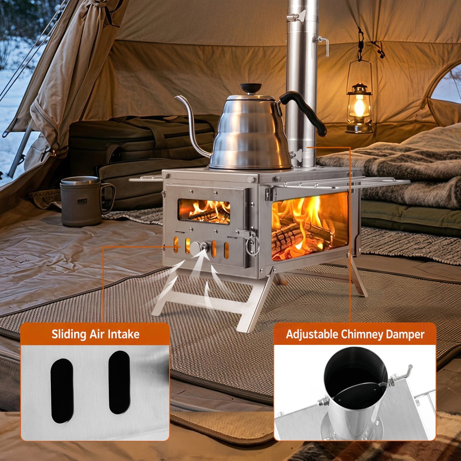 Portable Wood Burning Tent Stove with 7 Chimney Pipes – 11 lbs