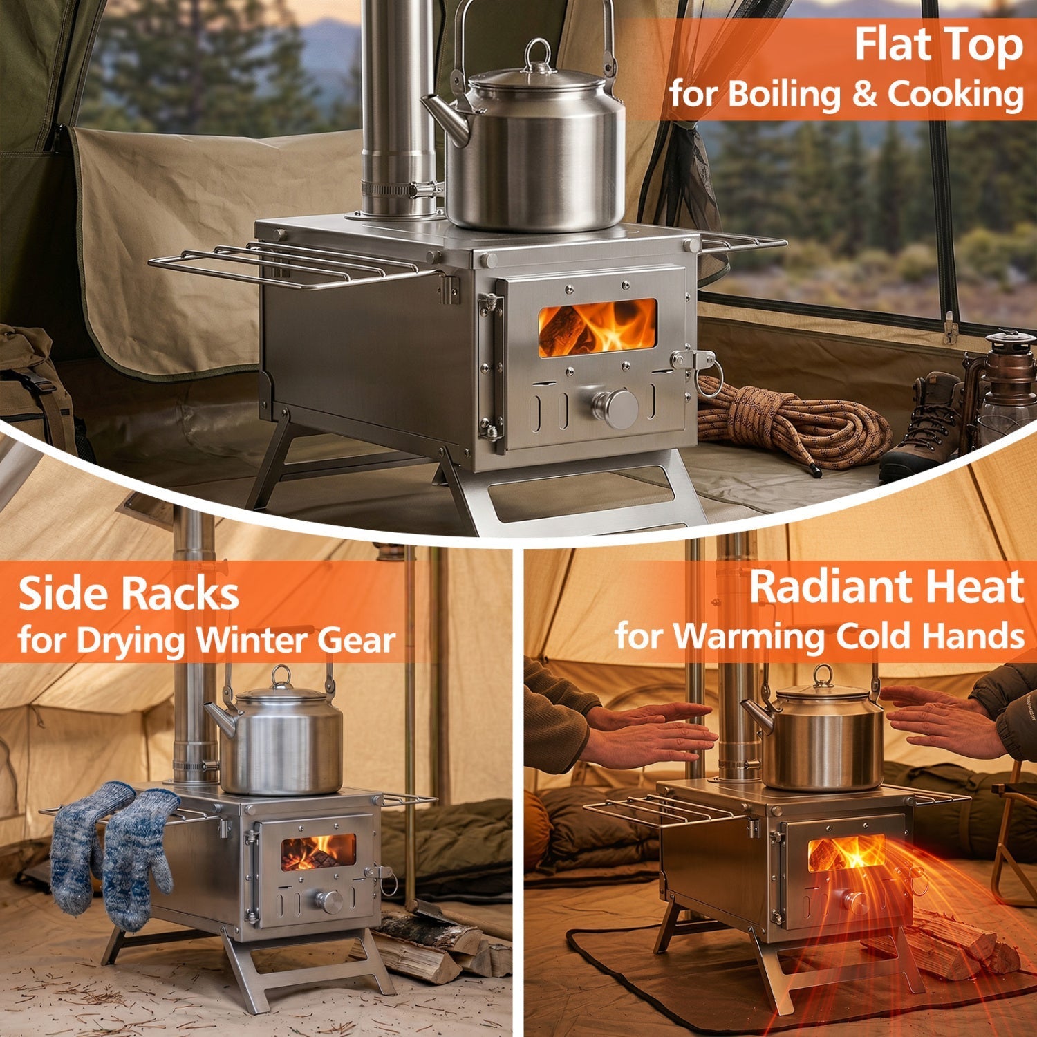 Portable Wood Burning Tent Stove with 7 Chimney Pipes – 11 lbs