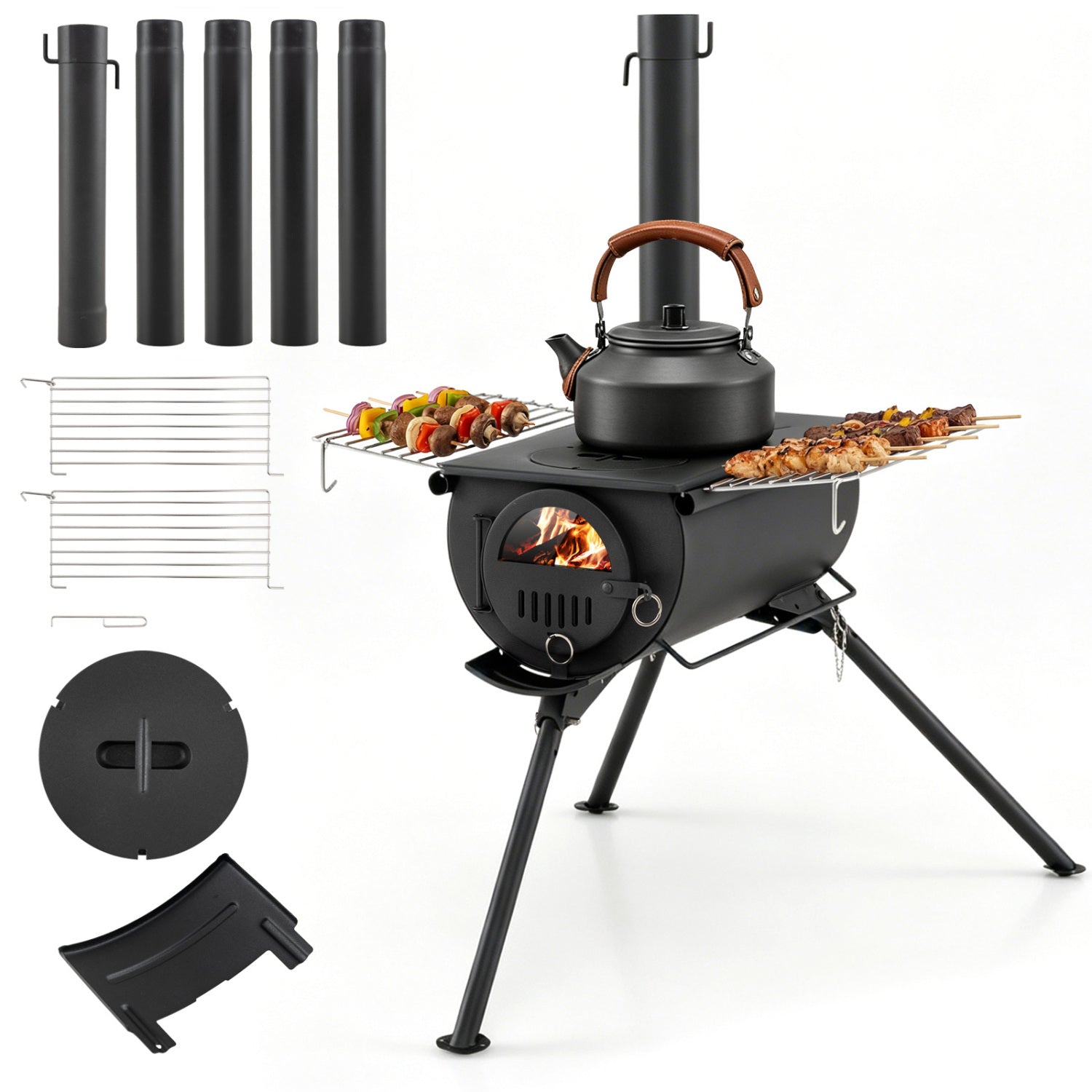 Hot Tent Wood Stove with Chimney Pipes & Foldable Legs