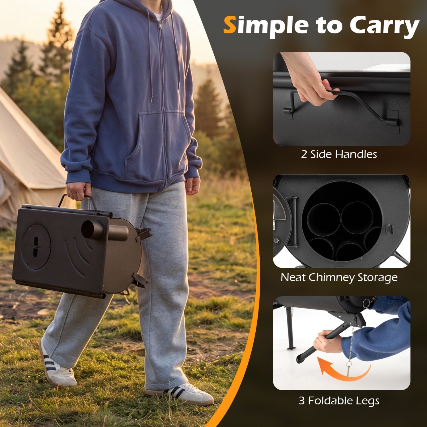 Hot Tent Wood Stove with Chimney Pipes & Foldable Legs