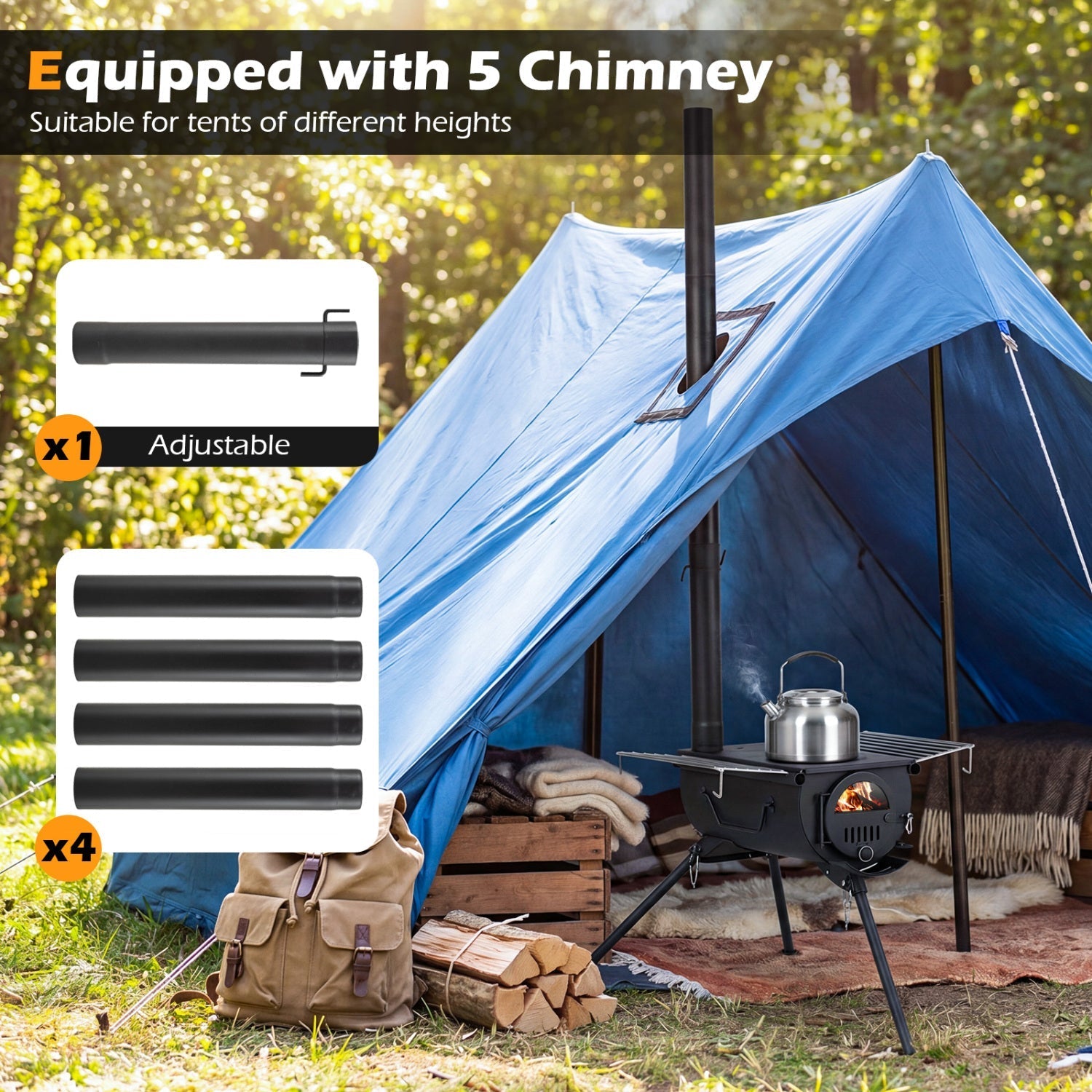 Hot Tent Wood Stove with Chimney Pipes & Foldable Legs