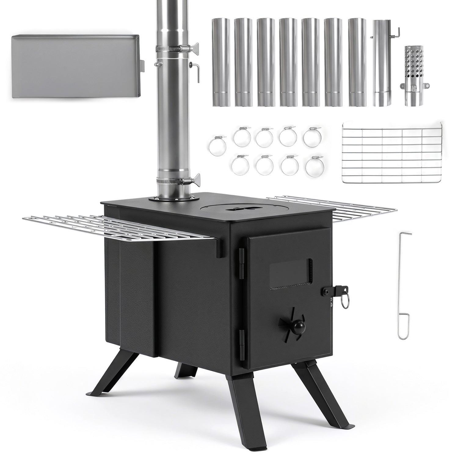 Hot Tent Wood Burning Stove with 8 Chimney Pipes & Ash Tray – Heats 301 sq ft