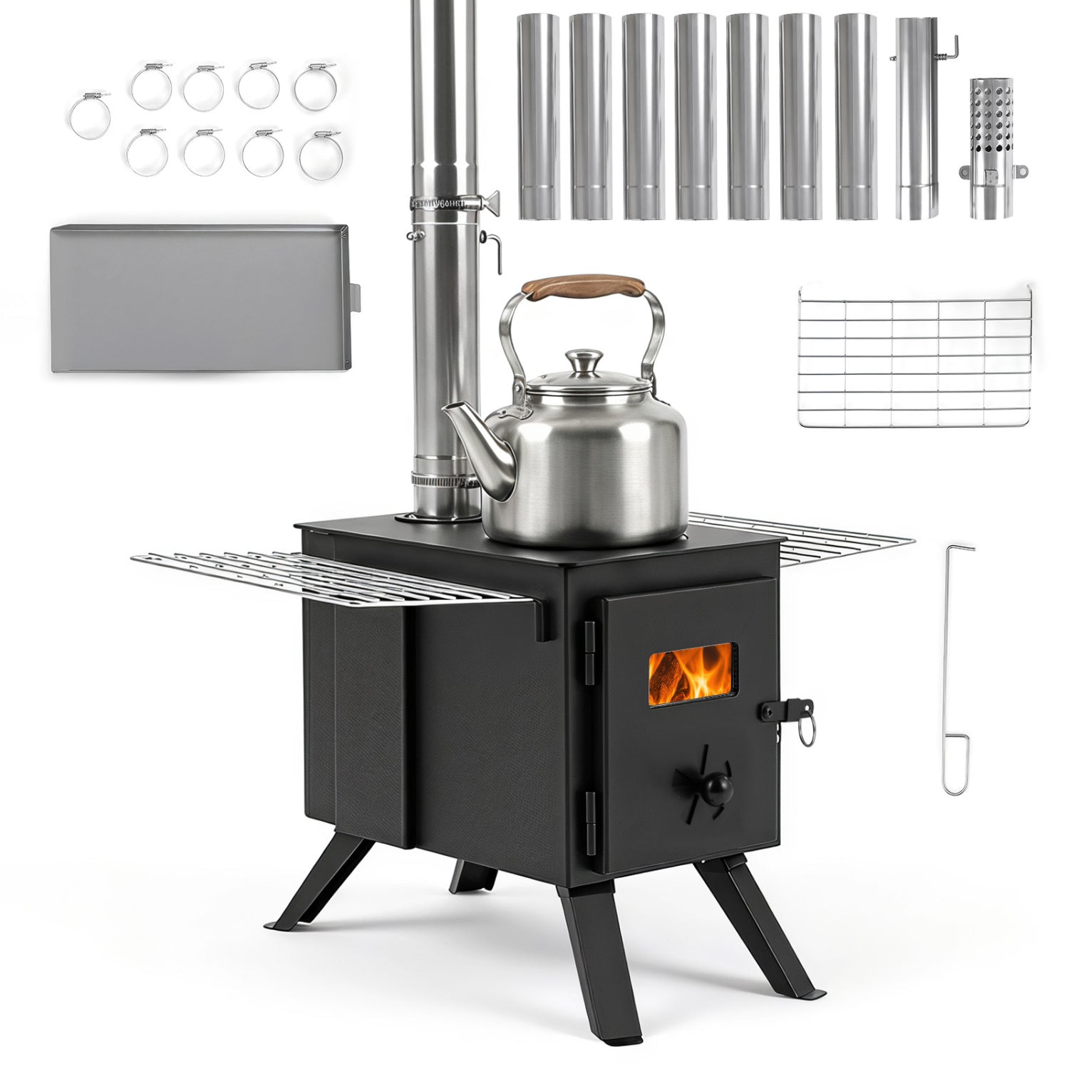 Hot Tent Wood Burning Stove with 8 Chimney Pipes & Ash Tray – Heats 301 sq ft