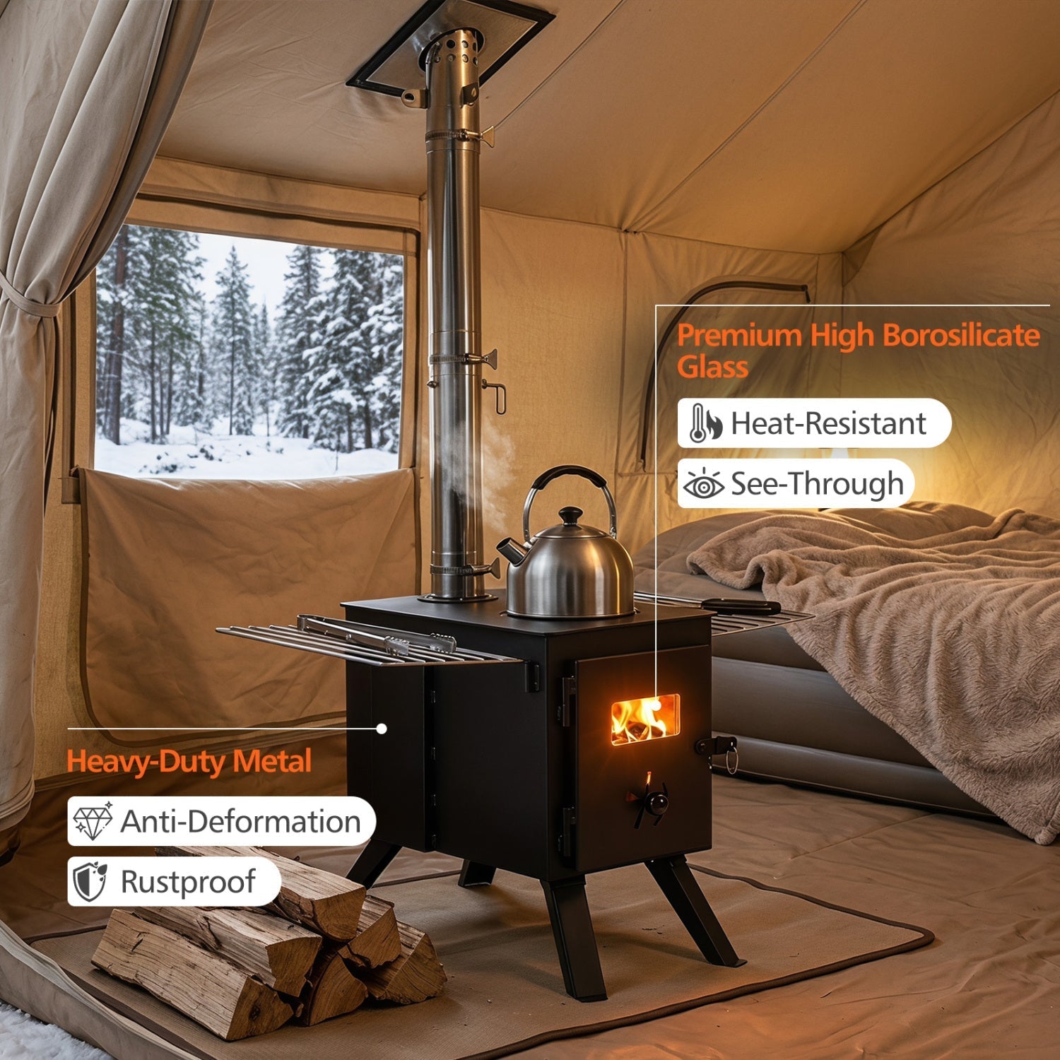 Hot Tent Wood Burning Stove with 8 Chimney Pipes & Ash Tray – Heats 301 sq ft