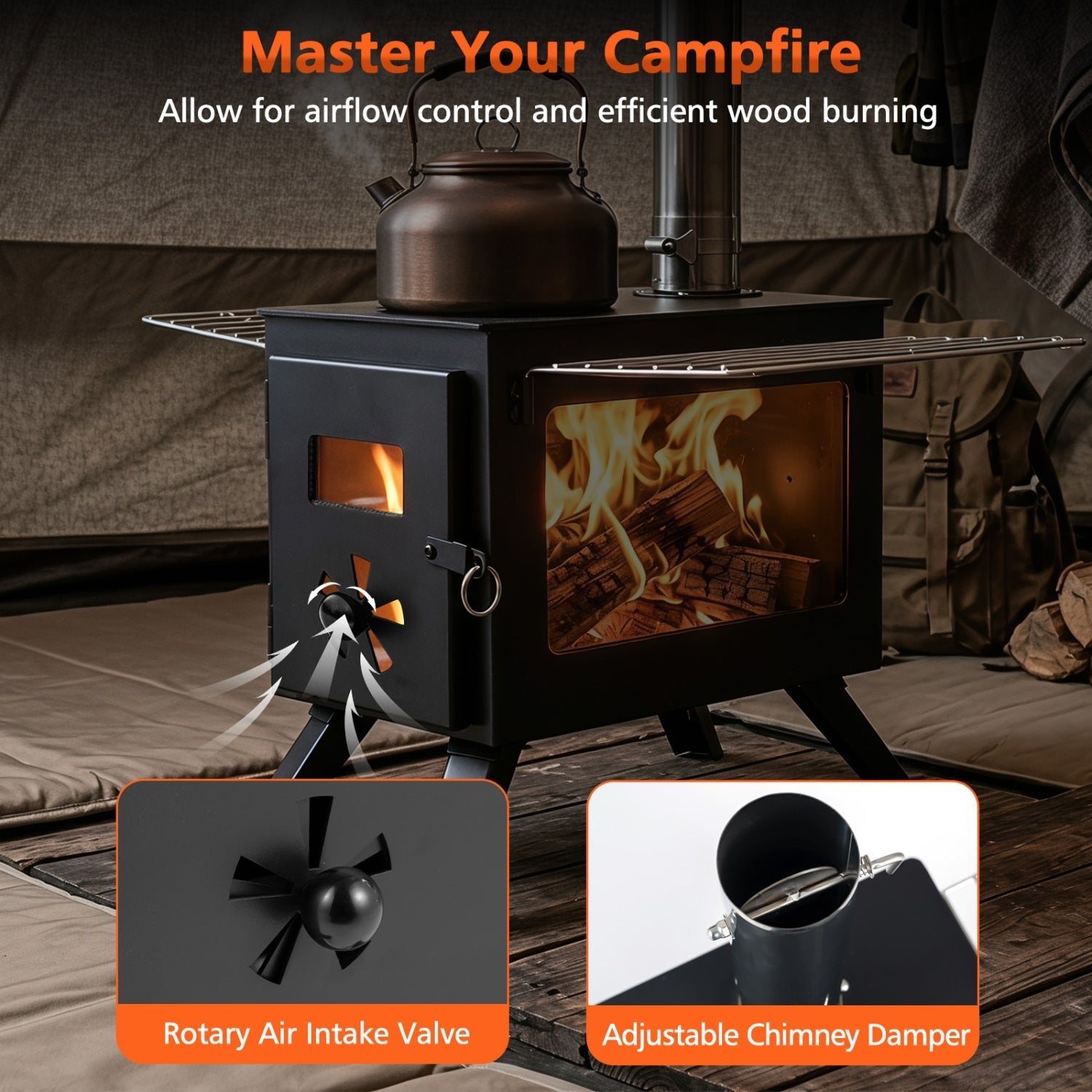 Hot Tent Wood Burning Stove with 8 Chimney Pipes & Ash Tray – Heats 301 sq ft