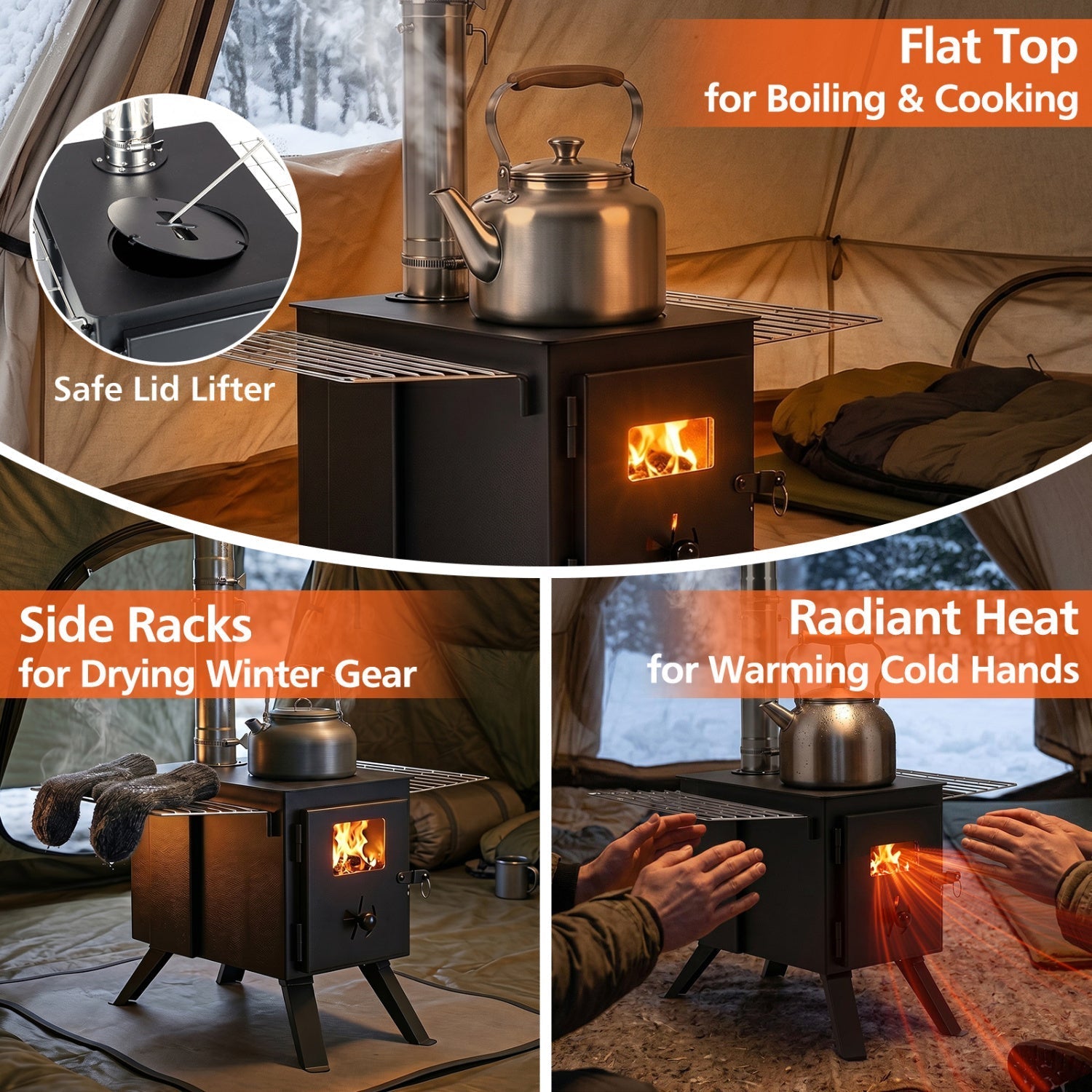 Hot Tent Wood Burning Stove with 8 Chimney Pipes & Ash Tray – Heats 301 sq ft