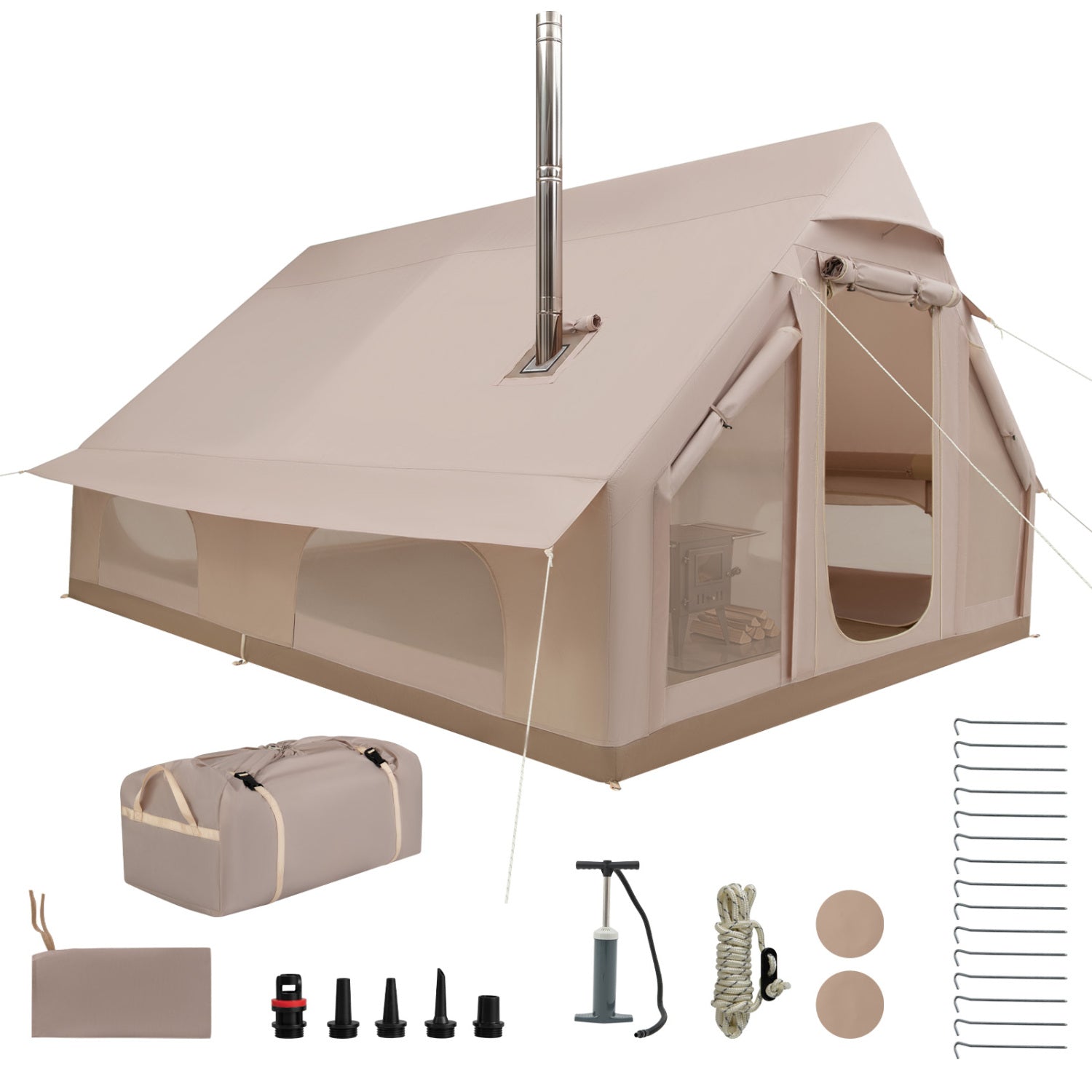 Inflatable Bell Tent with Stove Jack – 6-10 Person 4-Season Camping Tent