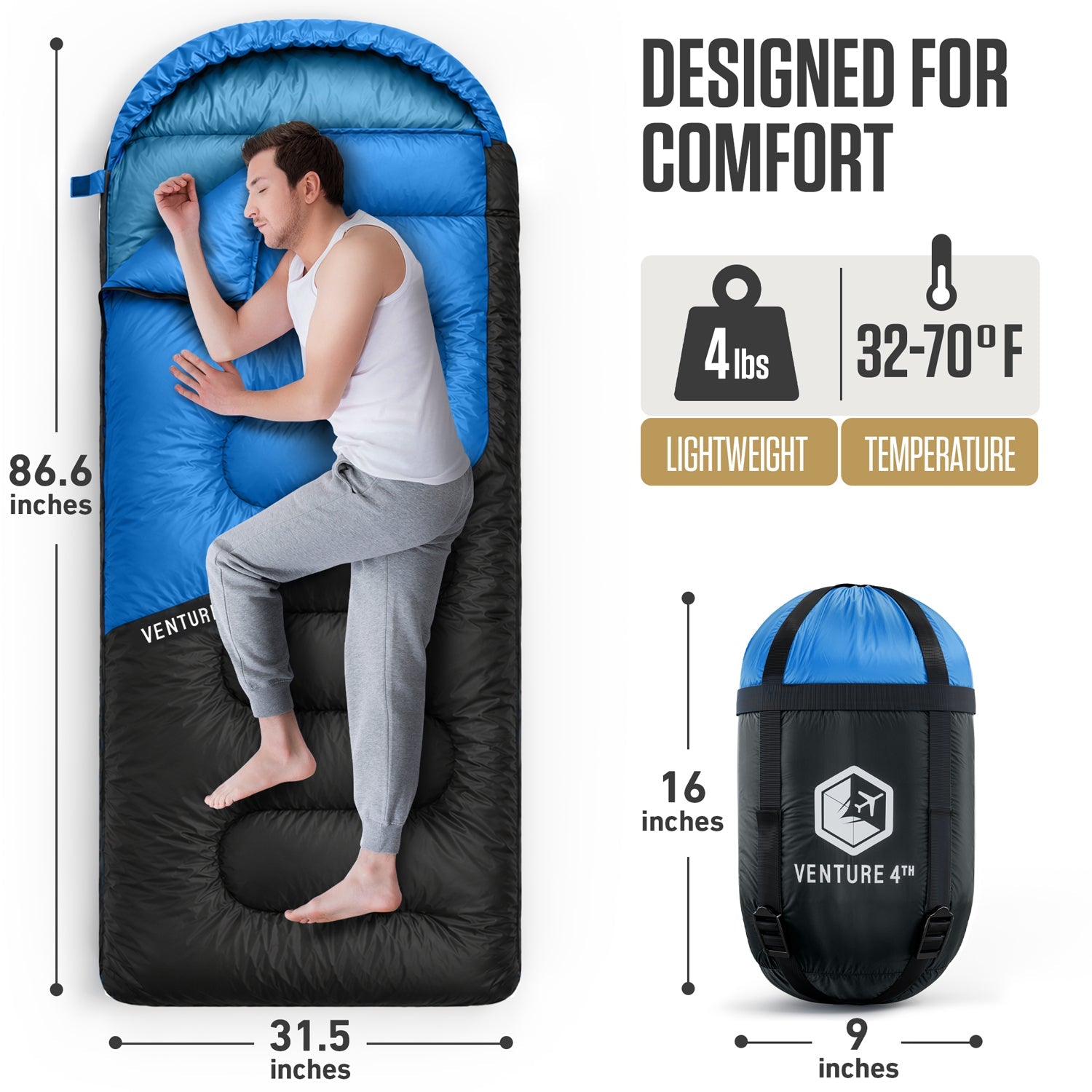 3-Season Sleeping Bag – Lightweight & Water Resistant, 30°F Rated