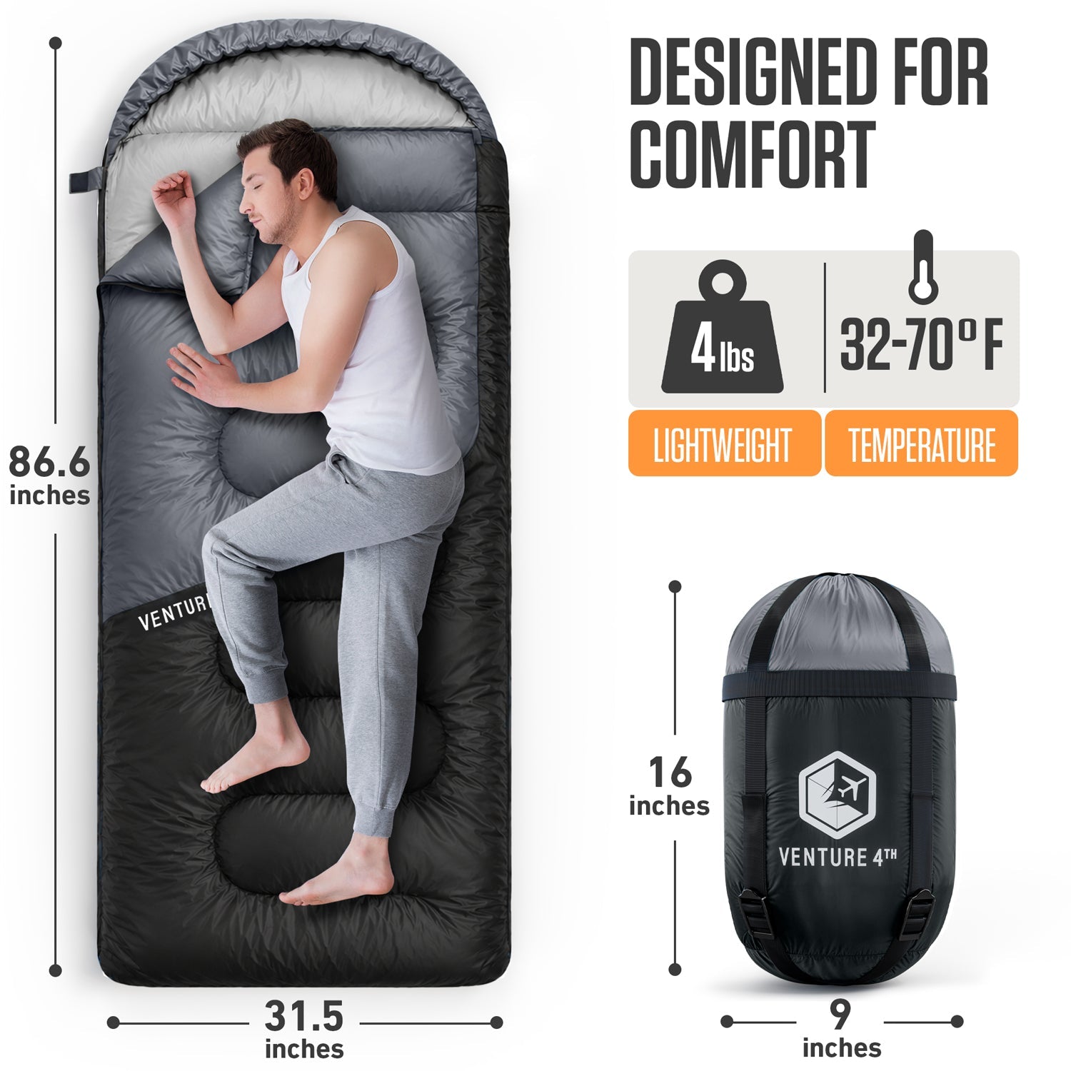 3-Season Sleeping Bag – Lightweight & Water Resistant, 30°F Rated