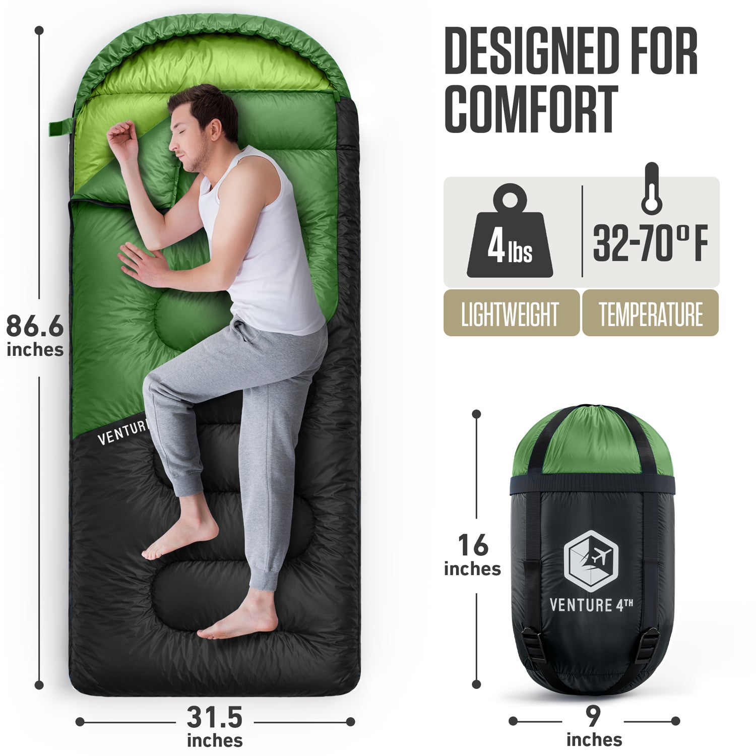 3-Season Sleeping Bag – Lightweight & Water Resistant, 30°F Rated