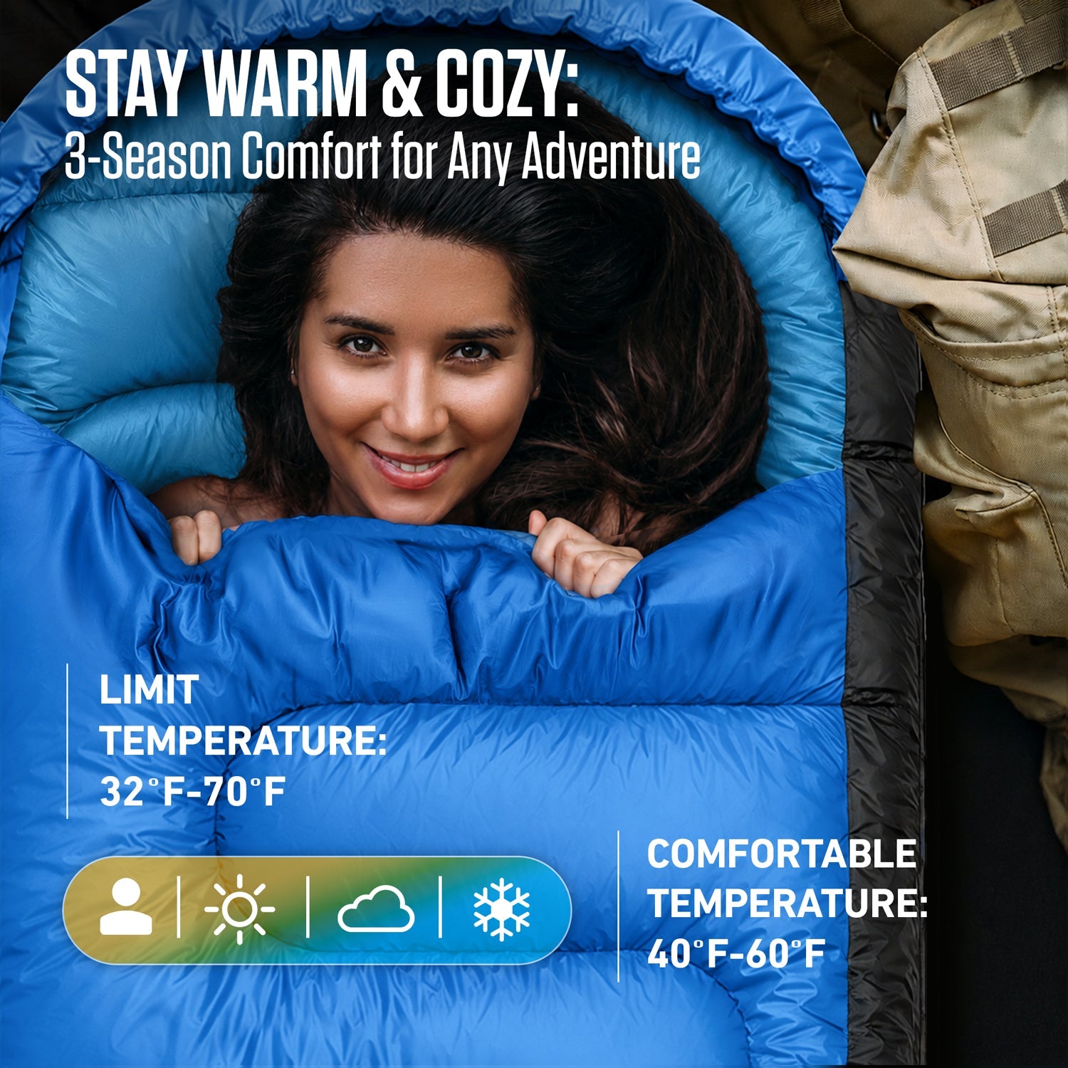 3-Season Sleeping Bag – Lightweight & Water Resistant, 30°F Rated