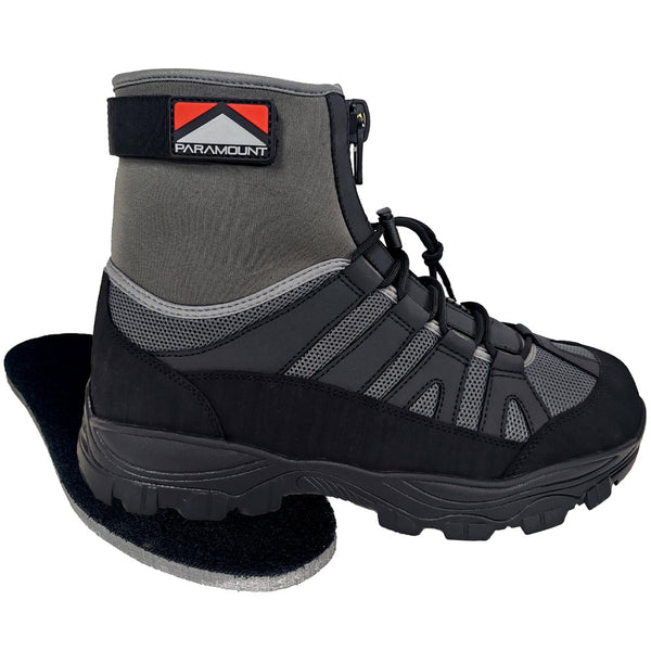 Gray and black hiking boot with 'Paramount' branding on a white background