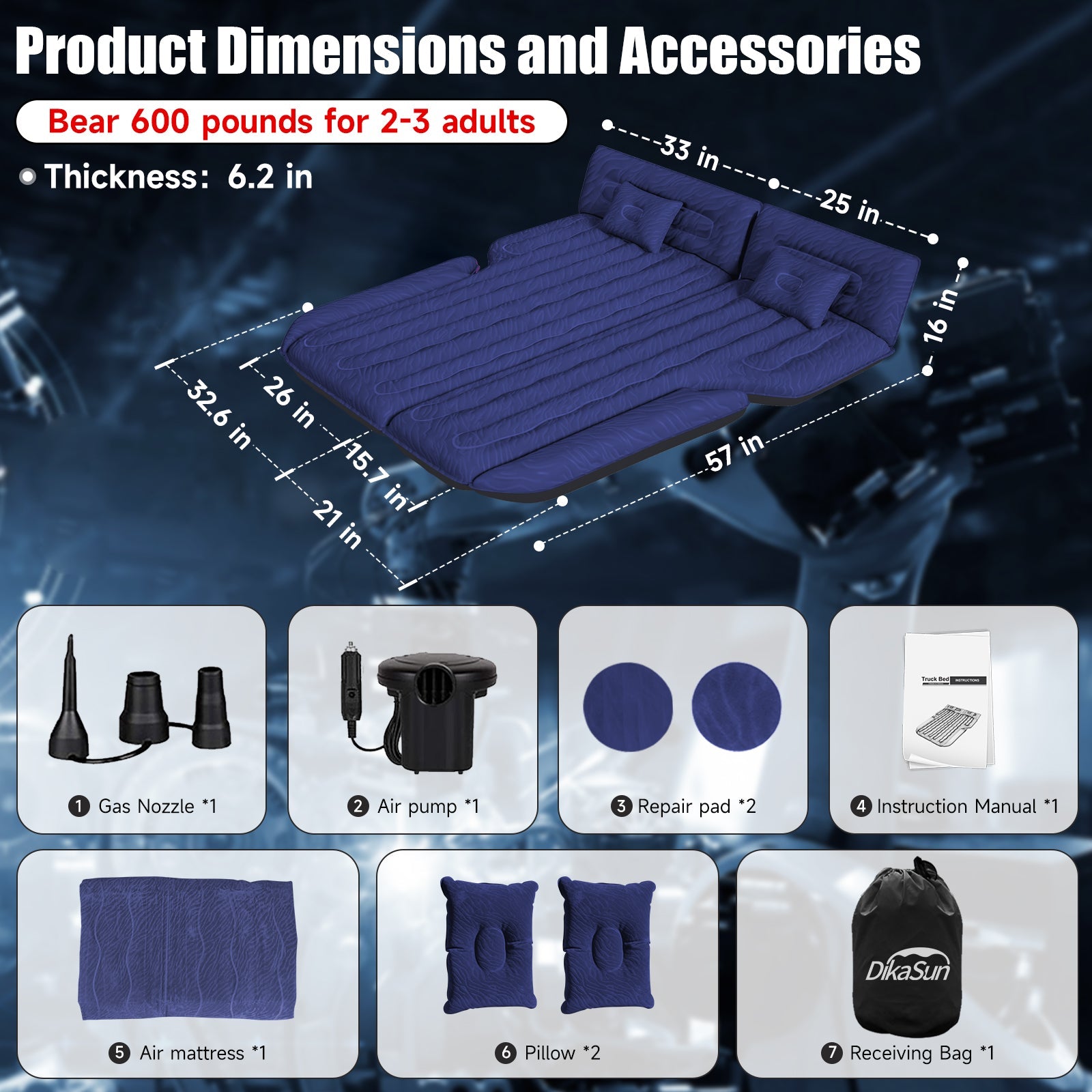 DikaSun Universal SUV Air Mattress – Extra-Thick Flocking, 4-Chamber Design | Navy