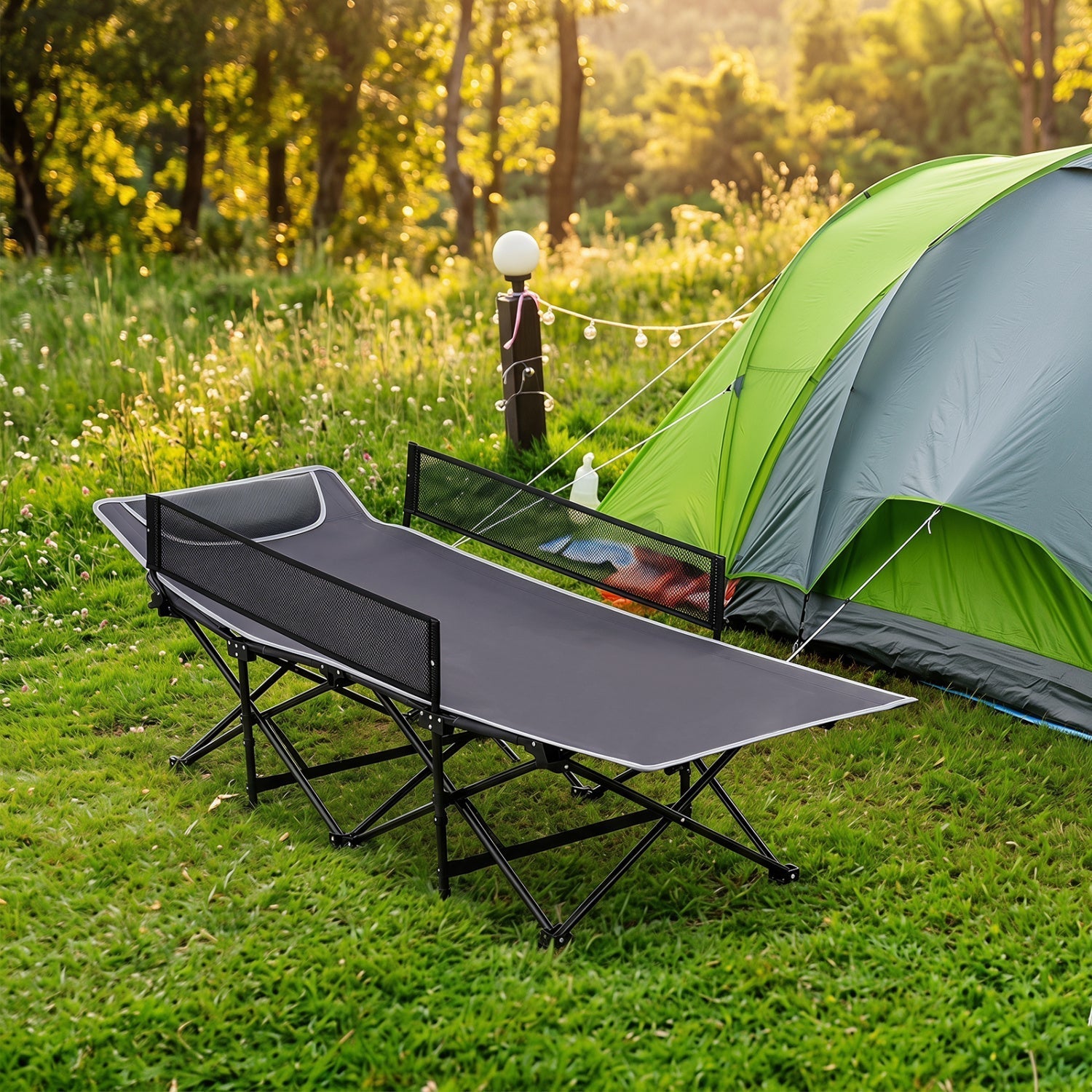 Portable Folding Camping Cot with Guardrail – 330 lbs Capacity