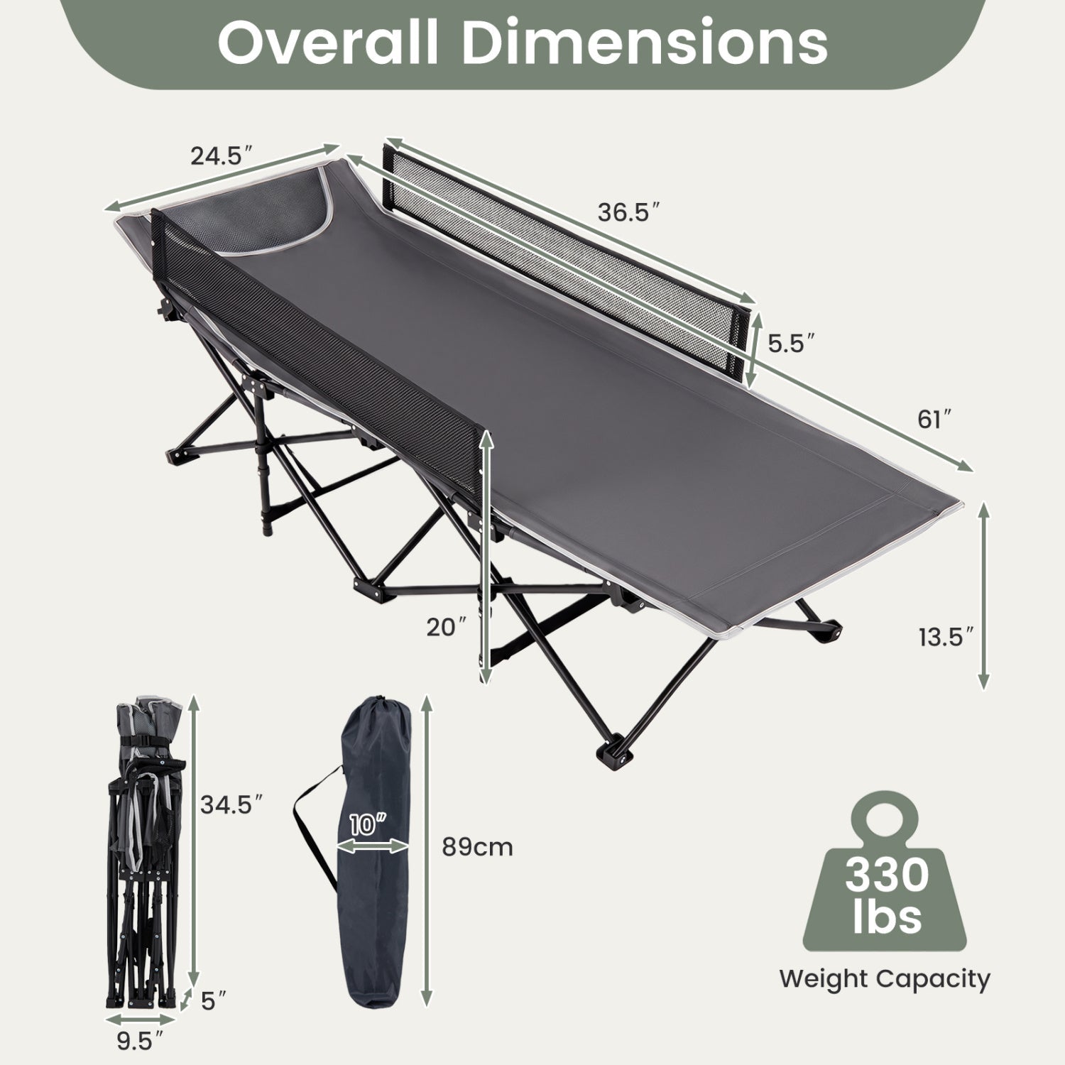 Portable Folding Camping Cot with Guardrail – 330 lbs Capacity