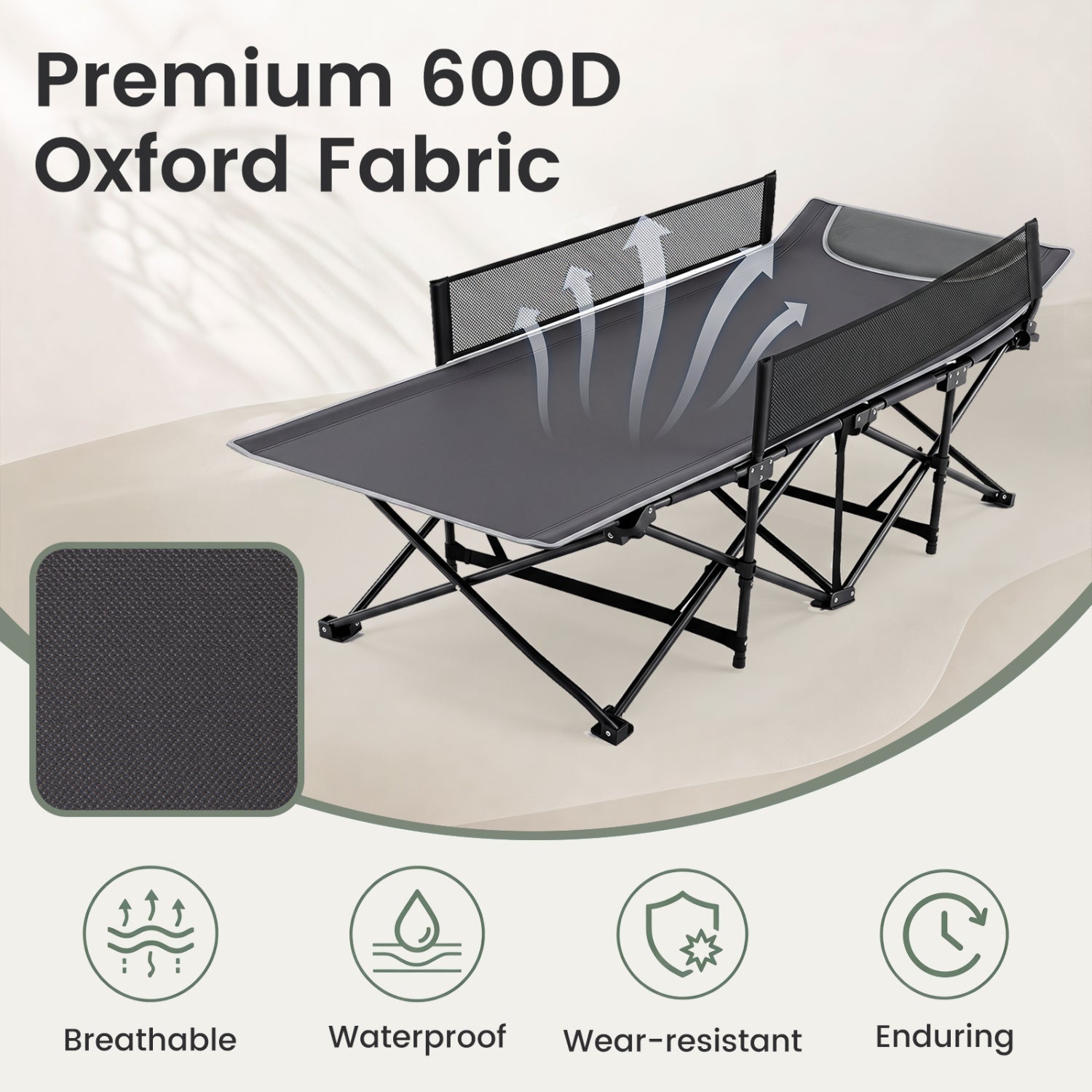 Portable Folding Camping Cot with Guardrail – 330 lbs Capacity