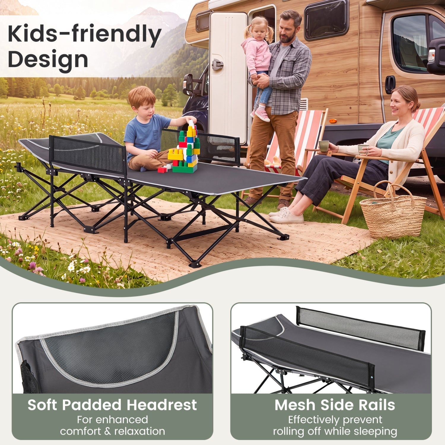 Portable Folding Camping Cot with Guardrail – 330 lbs Capacity