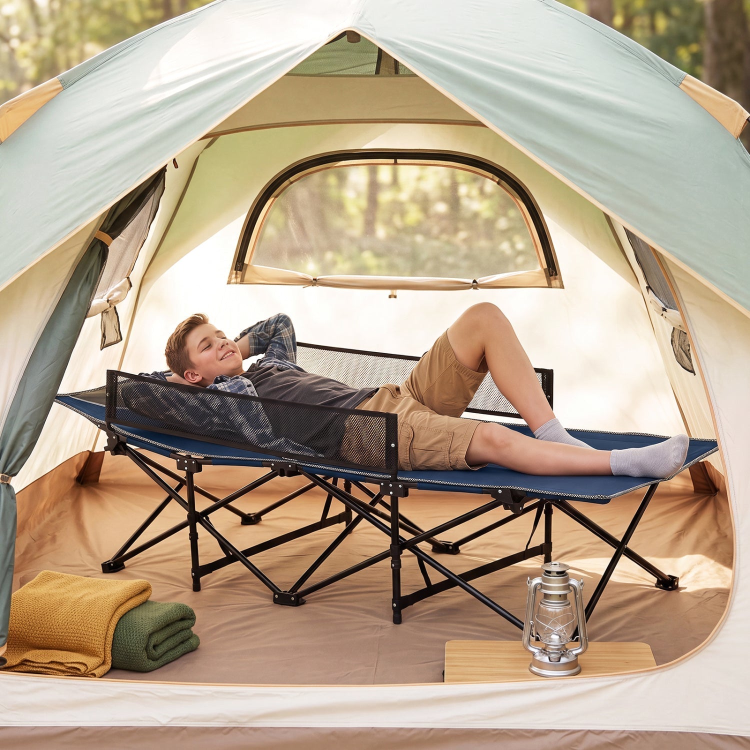 Portable Folding Camping Cot with Guardrail – 330 lbs Capacity