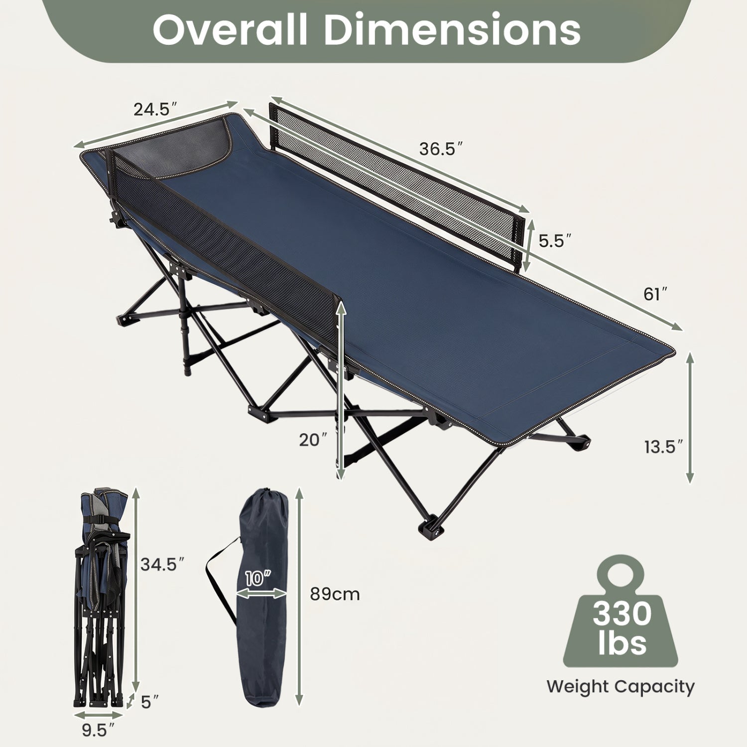 Portable Folding Camping Cot with Guardrail – 330 lbs Capacity