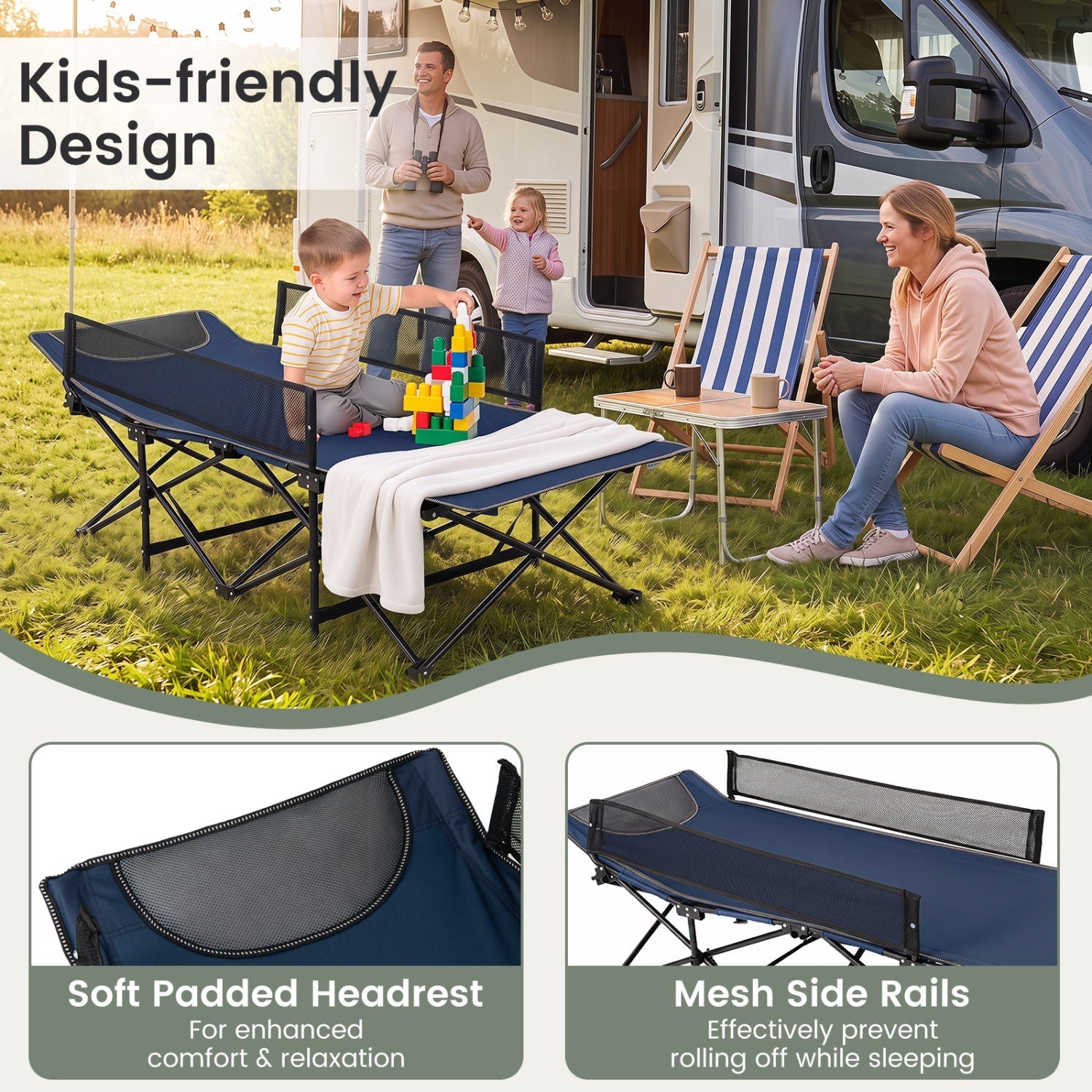 Portable Folding Camping Cot with Guardrail – 330 lbs Capacity