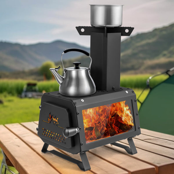 Patented Portable Wood Burning Camp Stove – Heater & Cooker with 2 Cooking Positions