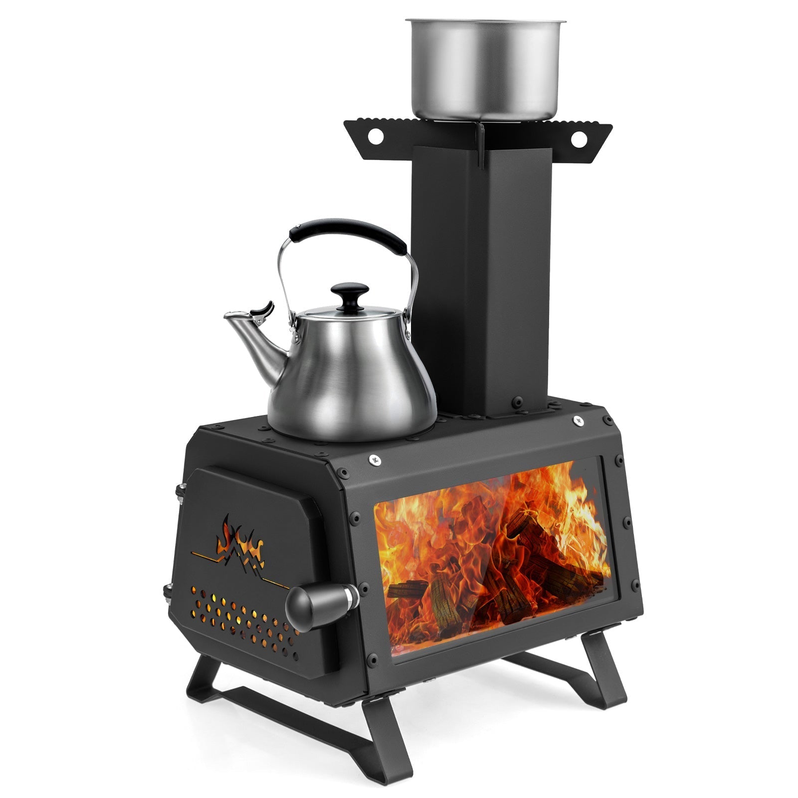 Patented Portable Wood Burning Camp Stove – Heater & Cooker with 2 Cooking Positions
