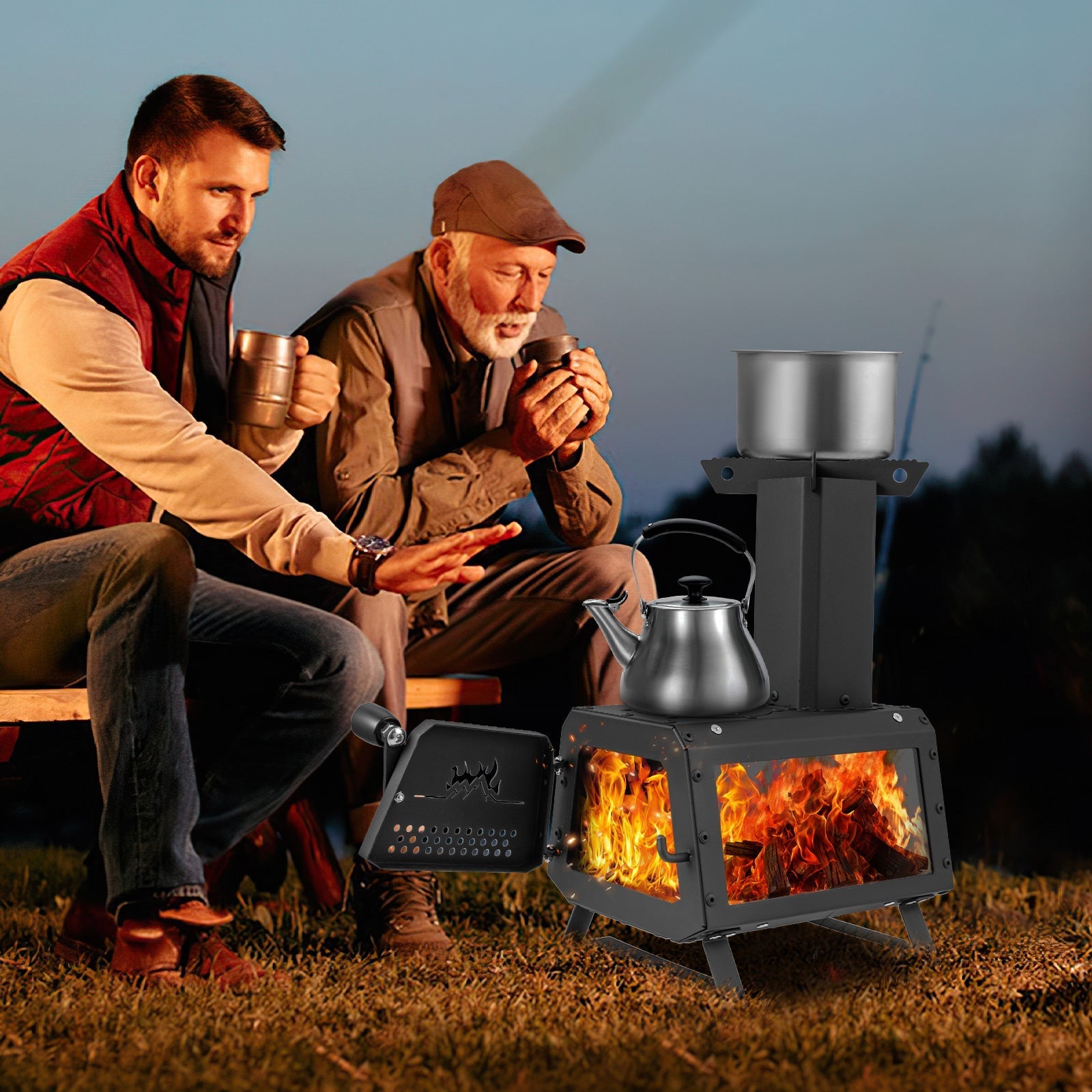 Patented Portable Wood Burning Camp Stove – Heater & Cooker with 2 Cooking Positions