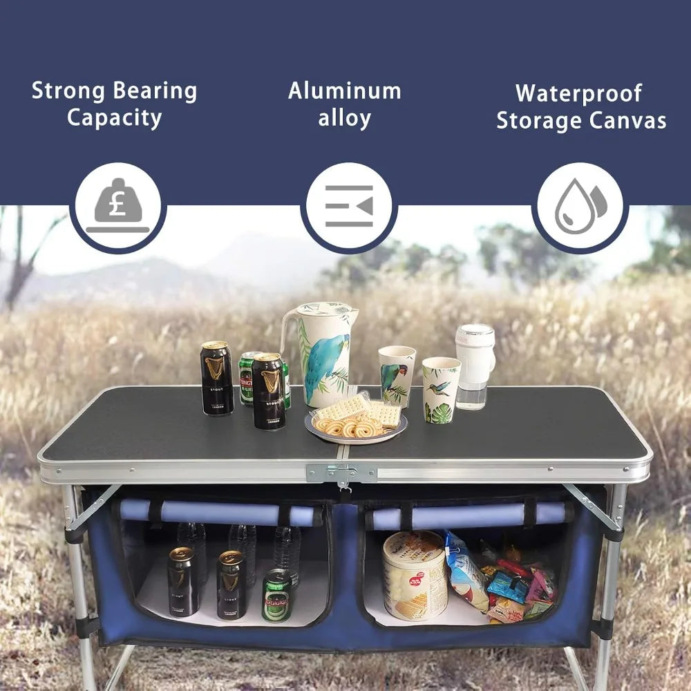 Outdoor Folding Aluminum Table – Lightweight, Adjustable with Storage Organizer
