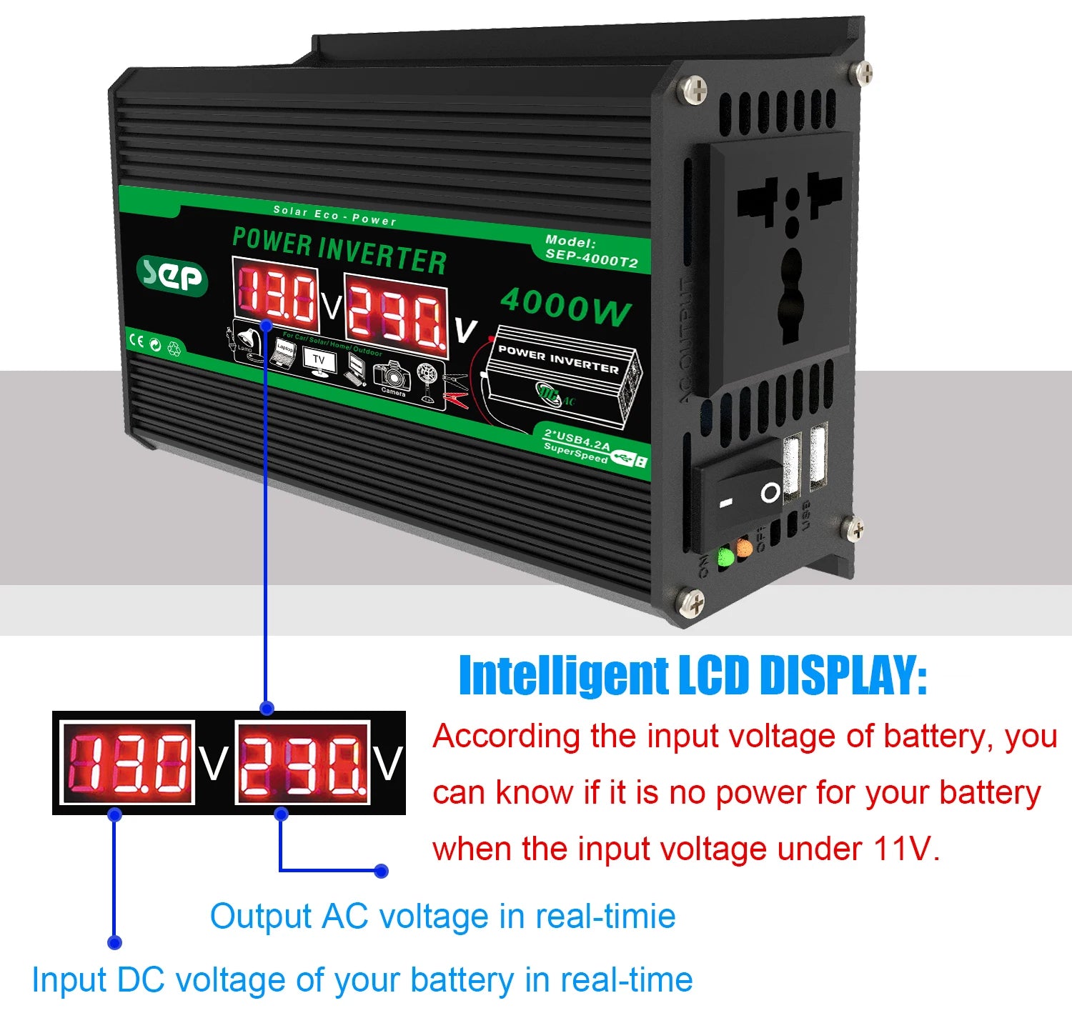 4000W Dual LCD Solar Inverter – 12V DC to 110V/220V AC Power Converter