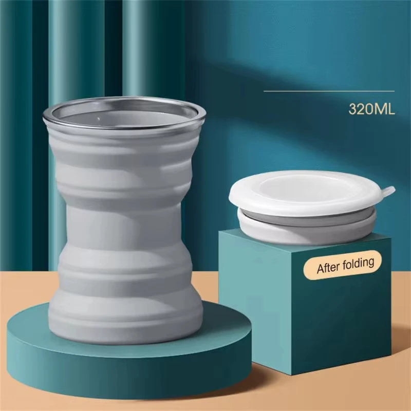 Portable Silicone Foldable Travel Cup with Lid & Lanyard