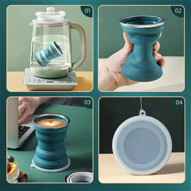 Portable Silicone Foldable Travel Cup with Lid & Lanyard