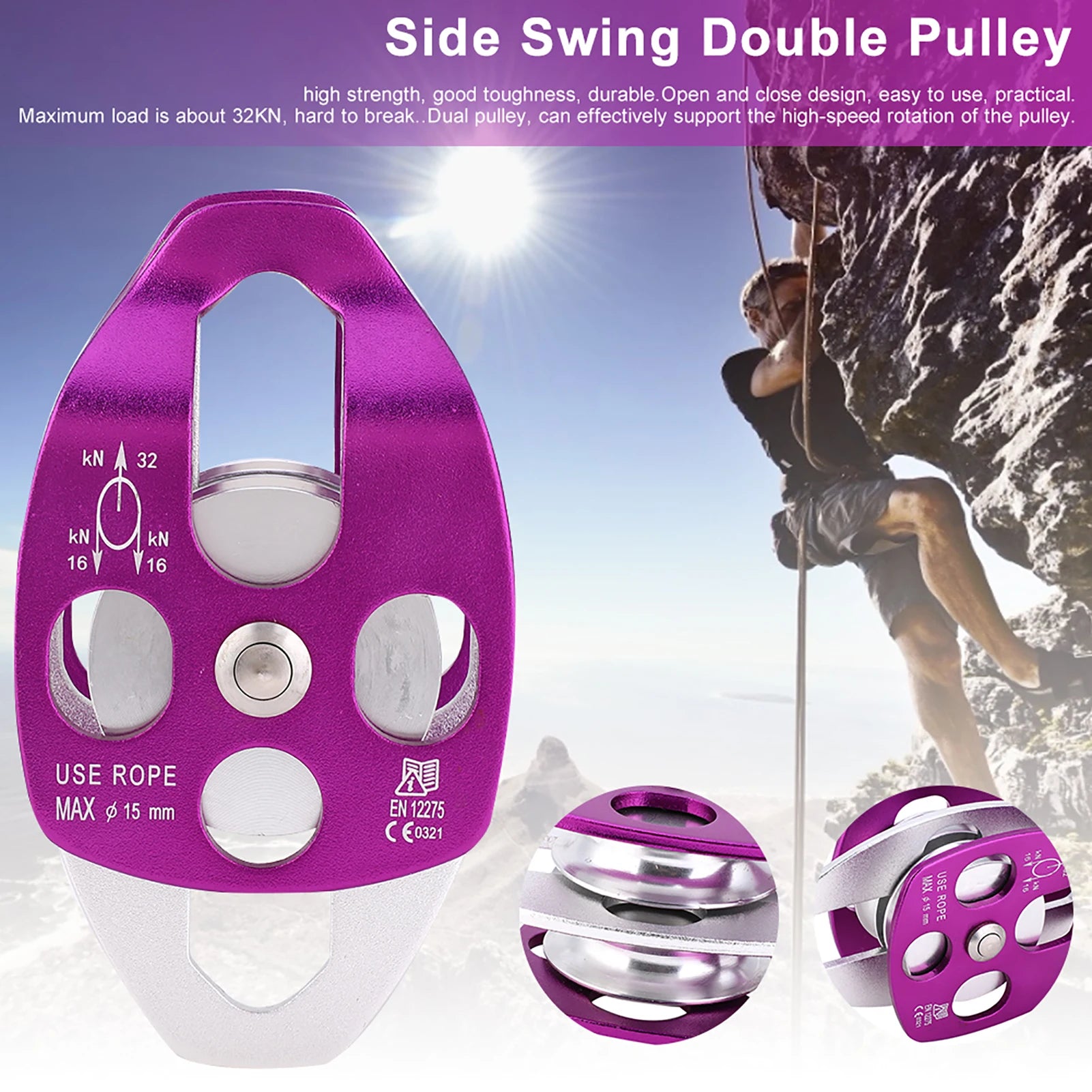 EN12278 Double Pulley – Aviation Aluminum Side Swing Pulley for Climbing & Rescue