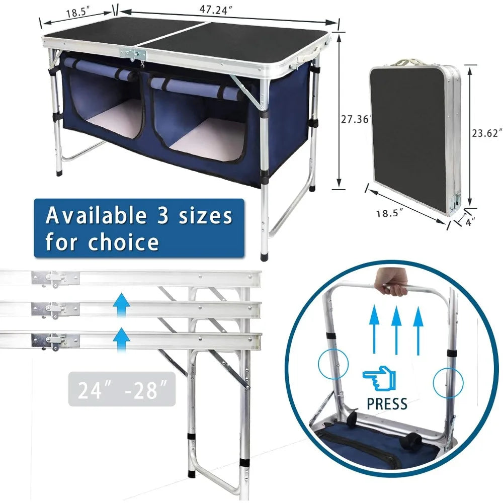 Outdoor Folding Aluminum Table – Lightweight, Adjustable with Storage Organizer
