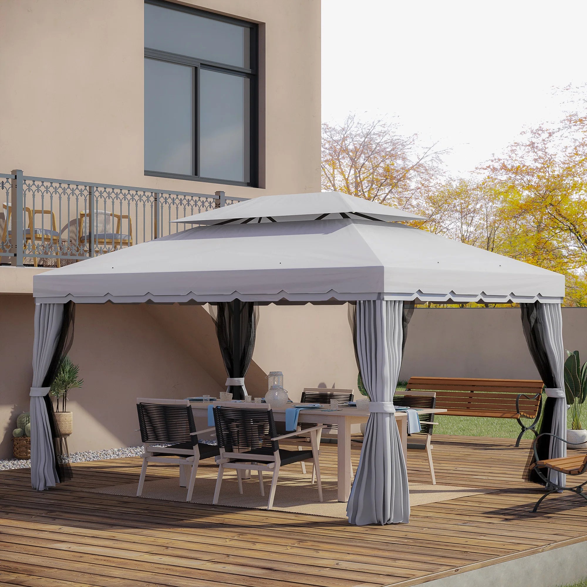 10' x 13' Aluminum Patio Gazebo with Mesh Netting & 2-Tier Roof – Light Gray
